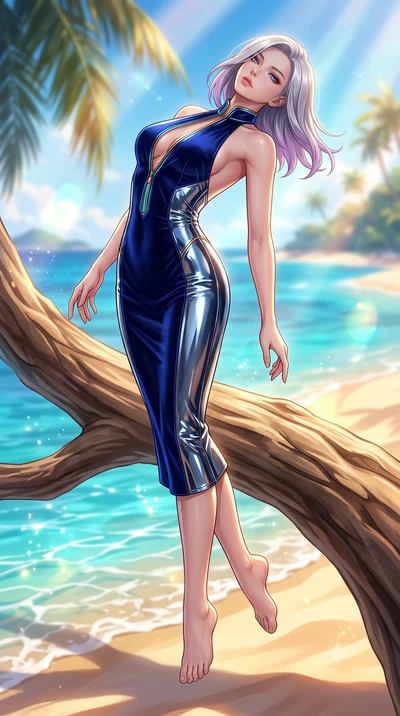 score_9, masterpiece, best quality, ultra-detailed, high-budget anime keyframe, semi-realistic 3D game render, editorial fashion photography, tasteful artistic composition, Caucasian woman. low angle full-body shot from head to toe showing her feet, 