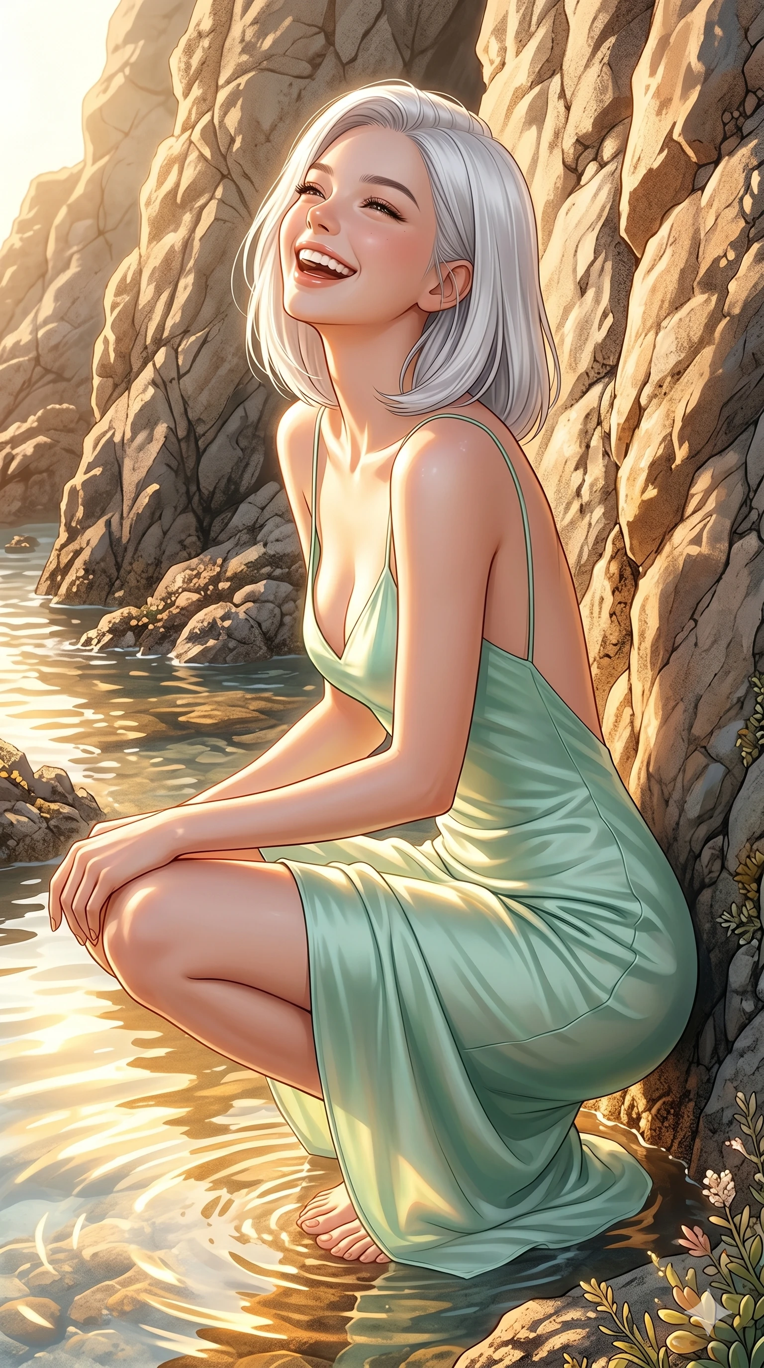 score_9, masterpiece, best quality, ultra-detailed, high-budget anime keyframe, editorial fashion photography, tasteful artistic composition, Korean woman. cowboy shot from the thighs up, character and outfit filling the frame for maximum editorial presence. crouching slightly, looking up with a bright, cheerful laugh and happy eyes leaning against a rock wall near a sunny tide pool. She has an absolutely perfect 8-heads proportion, an exceptionally tall and slender female figure with impossibly long slender legs and an ultra-slim waist. V-shaped jawline, high-bridge nose, intricate jewel-like eyes with depth, thick eyelashes, glossy lips with a natural sheen. wearing a mint green silk slip dress with an open-back design and delicate straps. bathed in warm morning sunlight reflecting off the tide pool water. 2k, ultra detail, master piece, 9:16 ratio