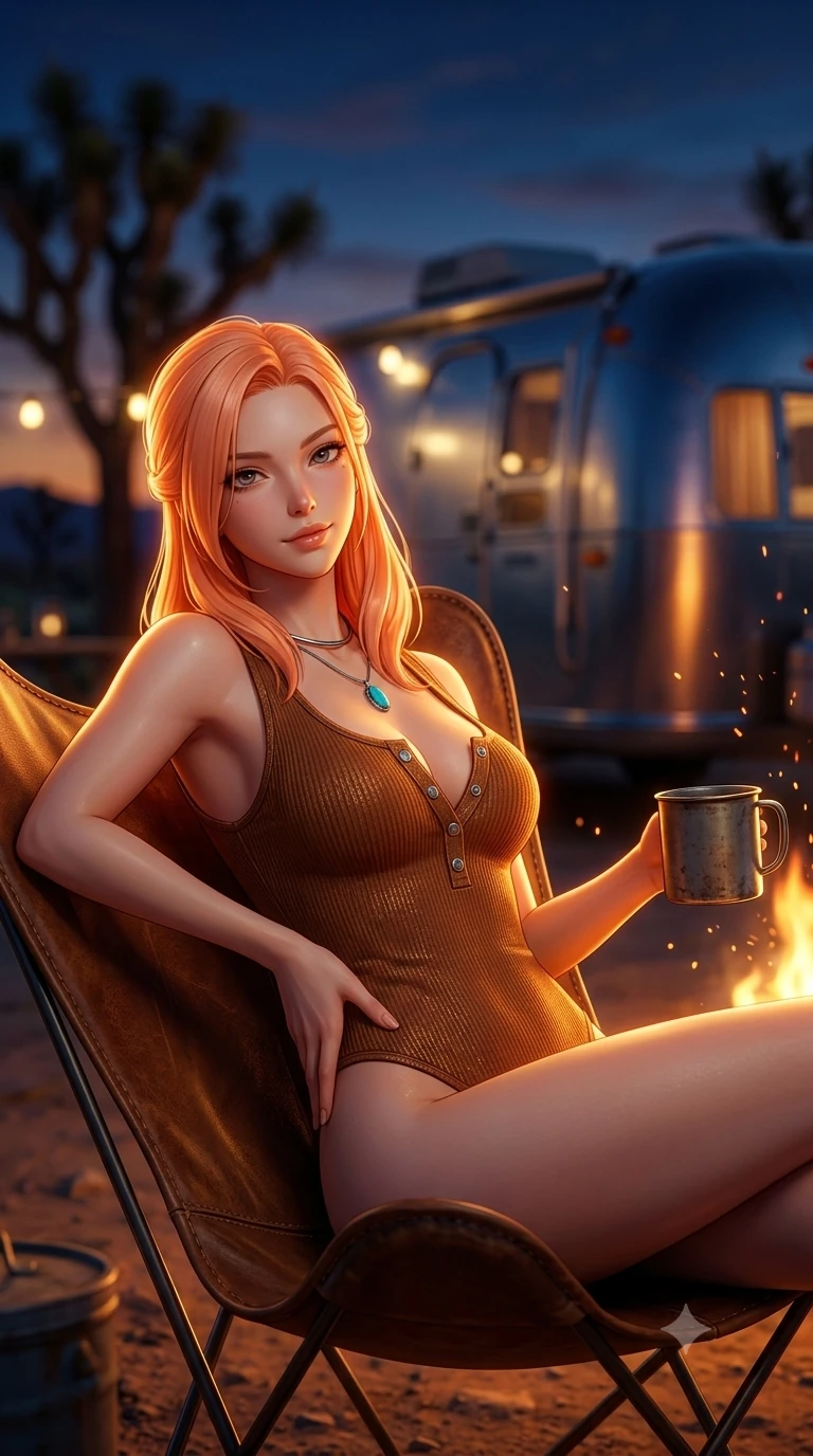 score_9, masterpiece, best quality, ultra-detailed, high-budget anime keyframe, semi-realistic 3D game render, editorial fashion photography, tasteful artistic composition, Japanese woman. close-up cowboy shot from the waist and thighs up, the character dominates the composition, filling the frame with her large presence. arching her spine backward with effortless dancer poise, one hand sliding along her hip line as directional light carves specular highlights along her silhouette while lounging in a vintage butterfly leather chair by the fire, holding a tin mug with effortless coquettish charm and bedroom-eyes as sparks float upward. The background shows a soft-focus curved aluminum trailer reflections, glowing camp string lights, and distant Joshua tree silhouettes blurred into silver, amber, and indigo bokeh. She has an exceptionally elegant, slender, and willowy female figure with an ultra-slim waist, flat toned midriff, narrow ribcage, and sculpted feminine hips creating an alluring, slim hourglass silhouette without bulk. sharp v-shaped jawline, high-bridge nose, sparkling eyes with hypnotic seductive depth, thick curled eyelashes, glossy parted lips with a natural dewy peach sheen, alluring bedroom-eyes with an enchanting coquettish smile, exuding magnetic siren charisma and sophisticated glamour, flawlessly proportioned anatomical accuracy, strict slender model proportions, natural body alignment, perfectly sculpted long slender limbs, ultra-slim waistline, clean dynamic posture without body distortion. wearing a body-hugging ribbed stretch cotton henley tank bodysuit with deep scoop neck and snap closures in rich cognac suede and antique silver concho hardware, crafted from luxurious metallic lamé that shifts radiance with every step, finished with a minimalist chrome choker and a single turquoise stone pendant, the impeccably tailored cut draping gracefully along her slender figure with aristocratic western poise. illuminated by aluminum trailer reflection bounce and sharp amber-gold rim lighting sculpting her jawline, flat midriff, and voluptuous hip curves. highly saturated vibrant anime colors, detailed shading with soft gradients, rich glossy textures, high-contrast stereoscopic depth, volumetric dynamic lighting, master piece, 9:16 ratio