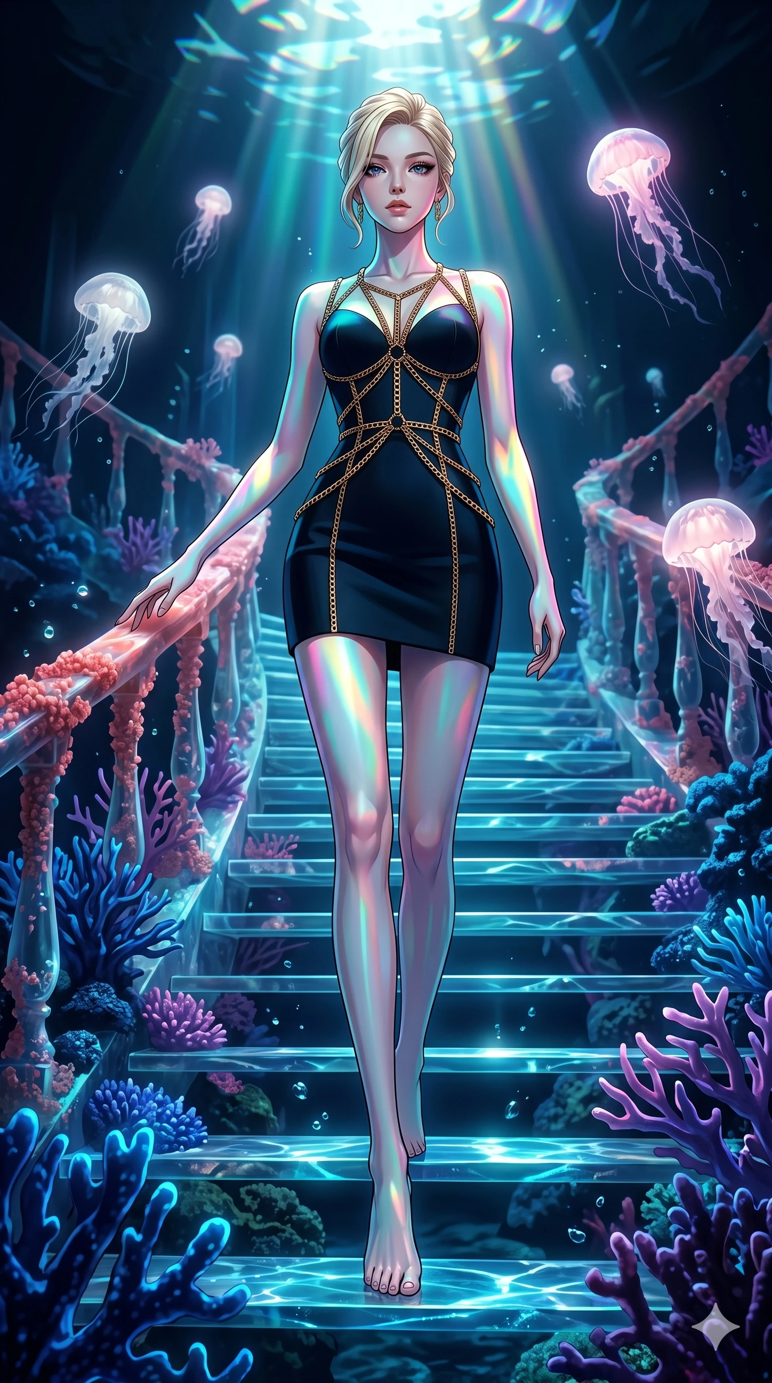 score_9, masterpiece, best quality, ultra-detailed, high-budget anime keyframe, editorial fashion photography, tasteful artistic composition, Korean woman. low angle full-body shot from head to toe showing her feet, filling the entire 9:16 vertical frame with her statuesque presence, stretching her vertical silhouette. Descending like royalty with one hand trailing behind her within a submerged futuristic palace surrounded by bioluminescent coral and jellyfish. She has an absolutely perfect 8-heads proportion, an exceptionally tall and slender female figure with impossibly long slender legs and an ultra-slim waist. V-shaped jawline, high-bridge nose, intricate jewel-like eyes with depth, thick eyelashes, glossy lips with a natural sheen. wearing a precision-fitted structured mini dress in deep black scuba layered with an architectural gold chain harness at the torso creating a bold statement of geometric lines across the fitted dress. lit by high-contrast holographic projection lighting with vivid colored shadows that define her form. 2k, ultra detail, master piece, 9:16 ratio