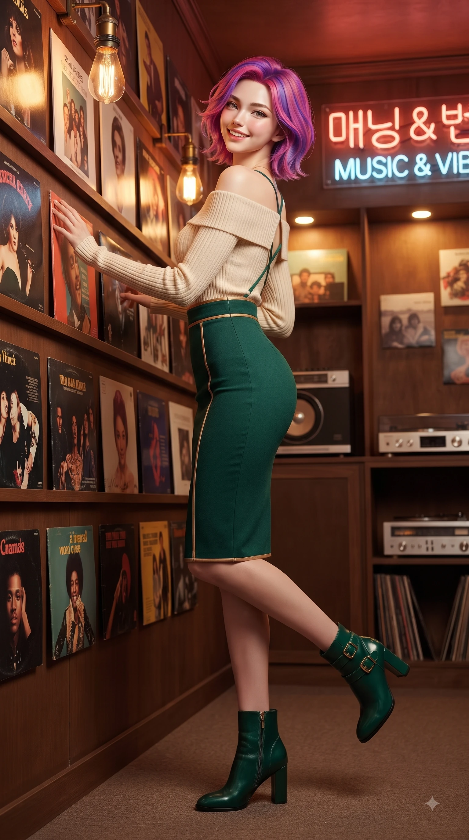 score_9, masterpiece, best quality, ultra-detailed, high-budget anime keyframe, editorial fashion photography, tasteful artistic composition, Caucasian woman. low angle full-body shot from head to toe showing her feet, filling the entire 9:16 vertical frame with her statuesque presence, stretching her vertical silhouette. performing a cheerful mid-motion turn with flawless poise, her radiant smile capturing fresh girlhood energy while leaning against a wall lined with classic vinyl album covers under warm spotlights. The surrounding environment is rendered in vivid detail and crisp panoramic clarity. warm amber Edison bulb lamps, neon signage, and polished wood textures in deep focus. She has an absolutely perfect, statuesque 8.5-heads proportion, an exceptionally tall and slender model-like female figure with impossibly long slender legs and an ultra-slim waist. sharp v-shaped jawline, high-bridge nose, intricate jewel-like eyes with depth, thick eyelashes, glossy lips with a natural sheen, flawlessly proportioned anatomical accuracy, natural body alignment, perfectly sculpted elegant limbs, clean dynamic posture without body distortion. wearing a sleek off-shoulder ribbed sweater paired with a high-waisted fitted denim pencil skirt in bright emerald green and warm gold trim, tailored from fine wool crepe with clean lines, finished with delicate criss-cross back straps highlighting her bare shoulders, the glove-like fit emphasizing her statuesque silhouette during motion. bathed in warm golden amber lamp glow and retro neon rim light. ultra-reflective glossy finish, specular highlights, metallic sheen, high-contrast stereoscopic depth, volumetric dynamic lighting, 2k, ultra detail, master piece, 9:16 ratio