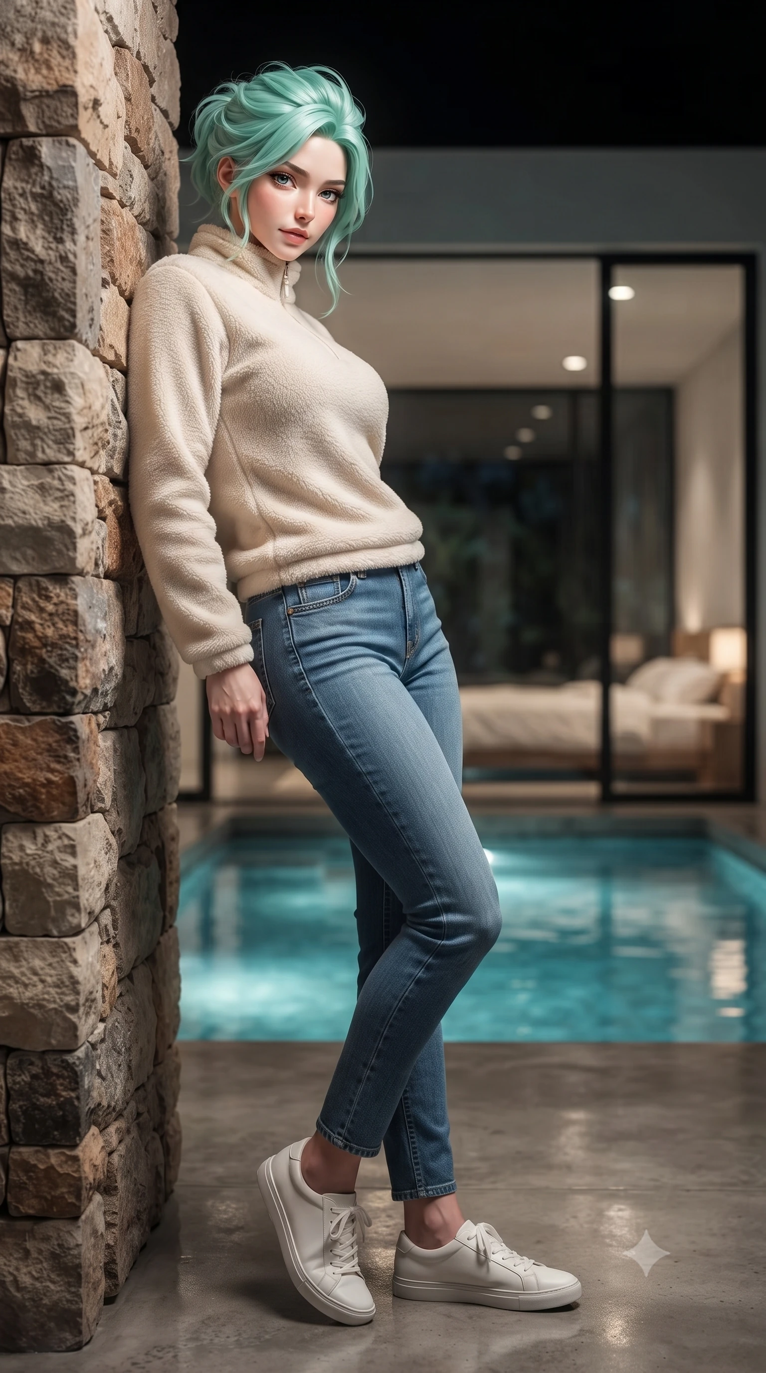 score_9, masterpiece, best quality, ultra-detailed, high-budget anime keyframe, editorial fashion photography, tasteful artistic composition, Japanese woman woman. low angle full-body shot from head to toe showing her feet, filling the entire 9:16 vertical frame with her statuesque presence, stretching her vertical silhouette. leaning back against a rustic stone wall, casting a slow, alluring gaze at the camera the background shows a soft-focus a luxury villa bedroom with glass walls looking directly into a quiet private swimming pool. She has an absolutely perfect, statuesque 8.5-heads proportion, an exceptionally tall and slender model-like female figure with impossibly long slender legs and an ultra-slim waist. sharp v-shaped jawline, high-bridge nose, intricate jewel-like eyes with depth, thick eyelashes, glossy lips with a natural sheen. wearing a form-contouring cozy cream fleece sweater over blue denim jeans. shifting aqua light reflections from the pool water mapping across her features. ultra-reflective glossy finish, specular highlights, metallic sheen, high-contrast stereoscopic depth, volumetric dynamic lighting, 2k, ultra detail, master piece, 9:16 ratio