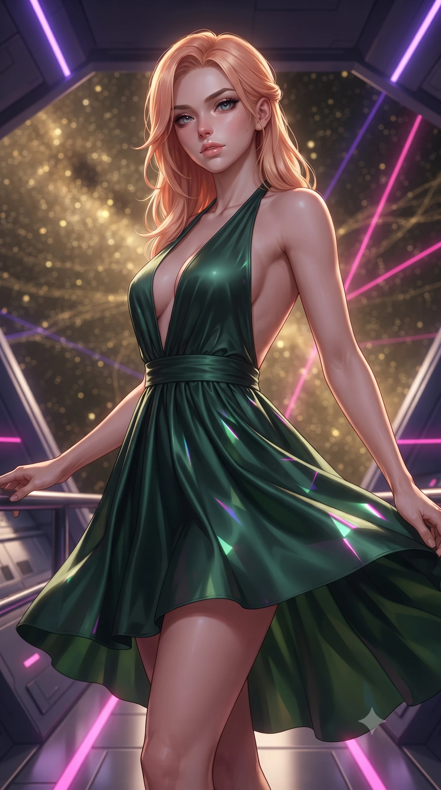 score_9, masterpiece, best quality, ultra-detailed, high-budget anime keyframe, editorial fashion photography, tasteful artistic composition, realistic cosplay photography, Japanese woman. close-up cowboy shot from the waist and thighs up, the character dominates the composition, filling the frame with her large presence, background elements kept in soft focus. Standing proud on the bridge, looking down at the viewer with quiet authority and a cold composure. set against a soft-focus background of a region of space filled with golden stardust, stellar winds creating ripples in the dust clouds. She has an exceptionally elegant and slender, willowy female figure with an ultra-slim waist, a gracefully sculpted slender torso, and a refined slim physique. sharp v-shaped jawline, high-bridge nose, intricate jewel-like eyes with depth, thick eyelashes, glossy lips with a natural sheen. wearing the lightweight fabric rippling and billowing dramatically with her movement, a slim-fit backless halter-neck silk dress in deep forest green, featuring a plunging neckline and flowing along her slender figure. laser lines of violet and hot pink reflecting off surfaces casting geometric neon highlights. ultra-reflective glossy finish, specular highlights, metallic sheen, high-contrast stereoscopic depth, volumetric dynamic lighting, 2k, ultra detail, master piece, 9:16 ratio