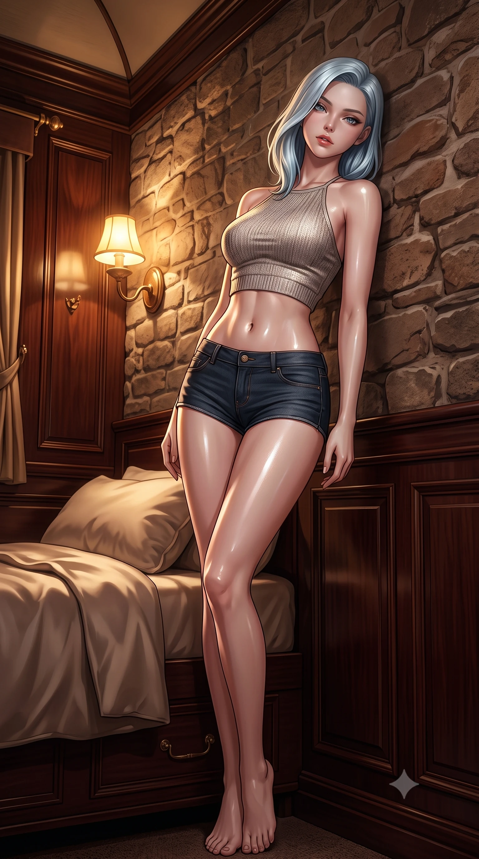 score_9, masterpiece, best quality, ultra-detailed, high-budget anime keyframe, editorial fashion photography, tasteful artistic composition, Korean woman. low angle full-body shot from head to toe showing her feet, filling the entire 9:16 vertical frame with her statuesque presence, stretching her vertical silhouette. leaning back against a rustic stone wall, casting a slow, alluring gaze at the camera the background shows a soft-focus a private sleeper cabin on an orient express train with dark mahogany panels. She has an absolutely perfect, statuesque 8.5-heads proportion, an exceptionally tall and slender model-like female figure with impossibly long slender legs and an ultra-slim waist. sharp v-shaped jawline, high-bridge nose, intricate jewel-like eyes with depth, thick eyelashes, glossy lips with a natural sheen. wearing a tailored chic knit halter crop top paired with denim micro-shorts, showing her delicately sculpted midriff. warm golden lamplight casting cozy, intimate shadows on the silk bedding. ultra-reflective glossy finish, specular highlights, metallic sheen, high-contrast stereoscopic depth, volumetric dynamic lighting, 2k, ultra detail, master piece, 9:16 ratio