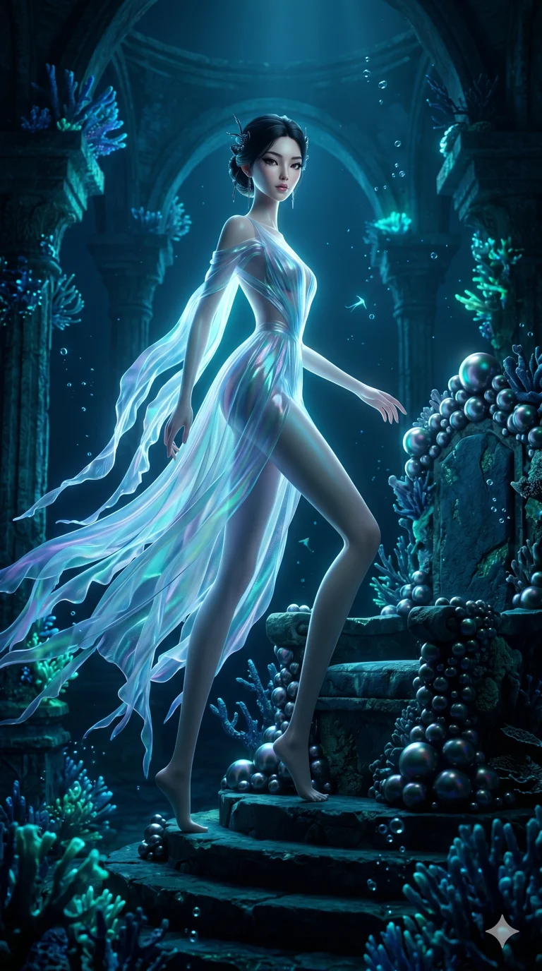 score_9, masterpiece, best quality, ultra-detailed, semi-realistic high-budget 3D game render, an incredibly beautiful Korean woman. Dynamic full-body shot stretching the vertical silhouette, dominating the 9:16 frame. She is a deep-sea royalty discovering a throne of black pearls in a sunken palace. She has an absolutely perfect 8-heads proportion, an exceptionally tall and slender female figure with impossibly long slender legs and an ultra-slim waist. Her face is a flawless masterpiece with a sharp v-shaped jawline, high-bridge nose, expressive jewel-like eyes, thick eyelashes, and perfectly glossy lips. She is wearing a sheer fabric holographic gown that moves like jellyfish tentacles. A dark bioluminescent ocean trench with glowing corals and ancient ruins, dramatic rim lighting., 2k, ultra detail, master piece, 9:16 ratio
