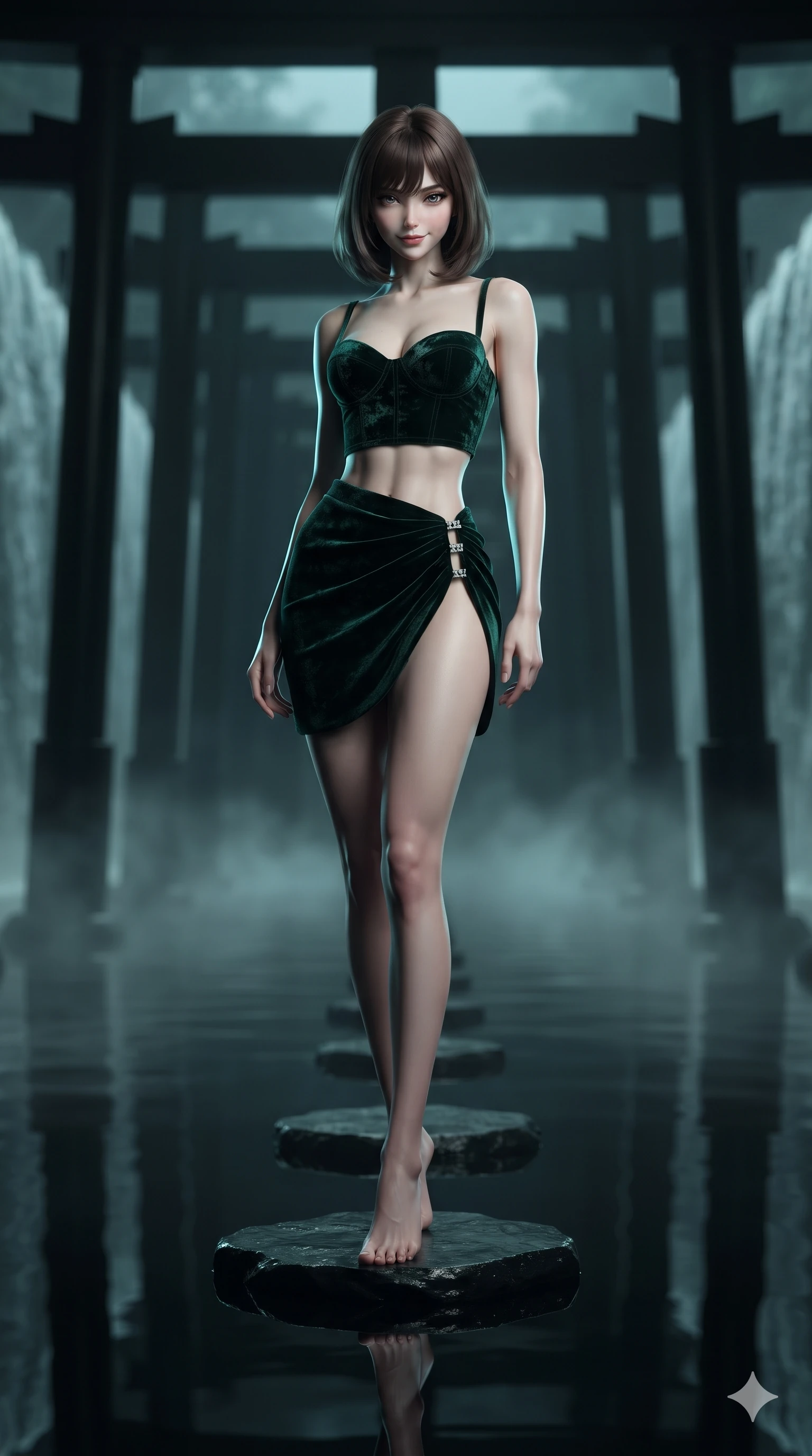 score_9, masterpiece, best quality, ultra-detailed, high-budget anime keyframe, editorial fashion photography, tasteful artistic composition, Caucasian woman. low angle full-body shot from head to toe showing her feet, filling the entire 9:16 vertical frame with her statuesque presence, stretching her vertical silhouette. walking through the endless corridor of black lacquer Torii gates at midnight with hypnotic feline grace while standing poised on a floating obsidian stepping stone in the still reflecting pool, arching her lower back with sovereign supermodel grace. The background shows a soft-focus vertical cascading water walls, floating black volcanic stone pathways, and rising water vapor blurred into charcoal, teal, and slate bokeh. She has an absolutely perfect, statuesque 8.5-heads proportion, an exceptionally tall and slender model-like female figure with impossibly long slender legs, an ultra-slim waist, a flat toned midriff, narrow delicate ribcage, and beautifully sculpted feminine hips creating a graceful, slim hourglass silhouette without any bulky heaviness. sharp v-shaped jawline, high-bridge nose, intricate jewel-like dark sparkling eyes with hypnotic seductive depth, thick curled eyelashes, glossy parted lips with a natural wine sheen, alluring bedroom-eyes with an enigmatic smoldering smile, exuding magnetic sovereign charisma and dark avant-garde glamour, flawlessly proportioned anatomical accuracy, strict slender model proportions, natural body alignment, perfectly sculpted long slender limbs, ultra-slim waistline, clean dynamic posture without body distortion. wearing a structured underwire leather bustier top paired with an ultra-short draped wrap mini skirt in dark emerald green and antique bronze, tailored from crushed dark velvet with deep light-absorbing plush texture, finished with an ultra-high side slit secured by miniature jeweled clasps, the high-slit wrap tailoring accentuating her ultra-slim waistline and the enchanting curve of her feminine hips with alluring seductive charm. illuminated by water reflection upward bounce and sharp electric-cyan rim lights defining her razor-sharp jawline, narrow waist, and curvy hips. ultra-reflective glossy finish, specular highlights, metallic sheen, high-contrast stereoscopic depth, volumetric dynamic lighting, 2k, ultra detail, master piece, 9:16 ratio