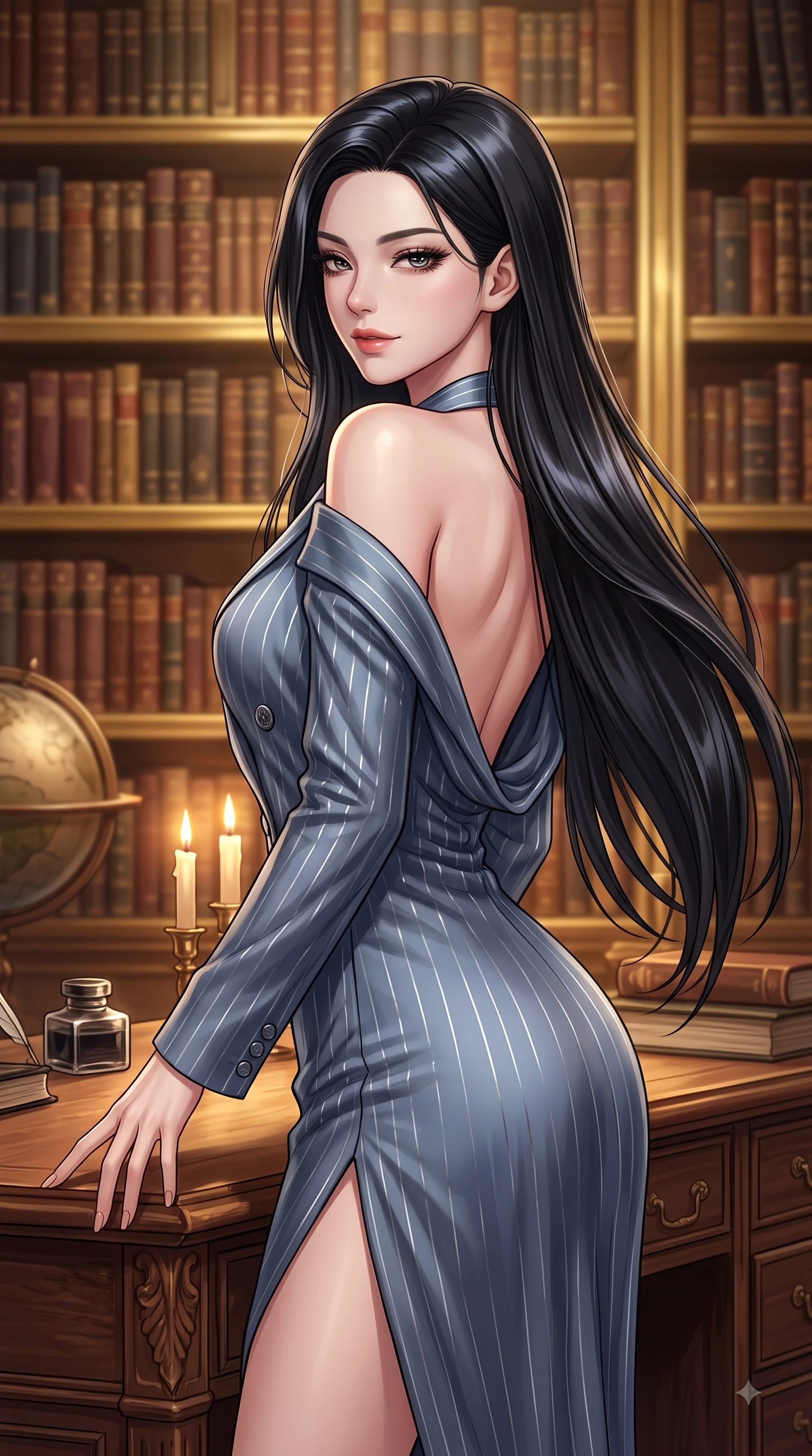 score_9, masterpiece, best quality, ultra-detailed, high-budget anime keyframe, editorial fashion photography, tasteful artistic composition, Korean woman. close-up cowboy shot from the waist and thighs up, the character dominates the composition, filling the frame with her large presence, background elements kept in soft focus. Casting a seductive sidelong gaze over her bare shoulder with heavy lashes and a composed half-smile while leaning back against a carved mahogany reading desk in an antique library lit by warm candlelight, thousands of antique leather-bound books stacked along majestic golden shelves. She has an exceptionally elegant, slender, and willowy female figure with an ultra-slim waist, a gracefully sculpted slender torso, and a refined silhouette. sharp v-shaped jawline, high-bridge nose, intricate jewel-like eyes with depth, thick eyelashes, glossy lips with a natural sheen, flawlessly proportioned anatomical accuracy, natural body alignment, perfectly sculpted elegant limbs, clean dynamic posture without body distortion. wearing a double-breasted blazer dress with subtle metallic pin-stripes in slate blue and metallic silver, crafted from smooth liquid silk, finished with a sleek side slit ascending to mid-thigh, the elegant draped fit framing her graceful clavicle and slender torso. surrounded by an opulent, intimate library aura with deep warm gradients. highly saturated vibrant anime colors, detailed shading with soft gradients, rich glossy textures, high-contrast stereoscopic depth, volumetric dynamic lighting, master piece, 9:16 ratio