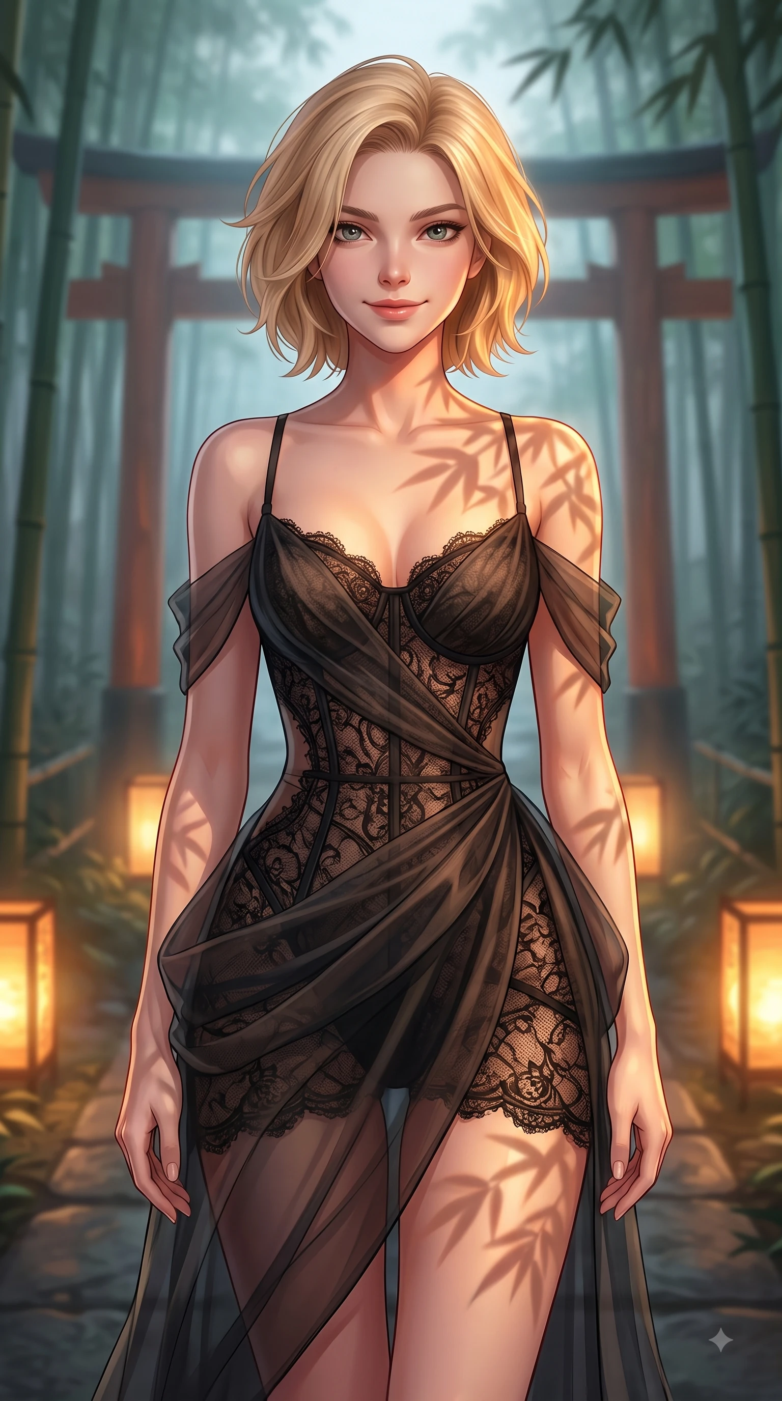 score_9, masterpiece, best quality, ultra-detailed, high-budget anime keyframe, editorial fashion photography, tasteful artistic composition, Caucasian woman woman. close-up cowboy shot from the waist and thighs up, the character dominates the composition, filling the frame with her large presence, background elements kept in soft focus. She has an exceptionally elegant, slender, and willowy female figure with an ultra-slim waist, a gracefully sculpted slender torso, and a refined silhouette. smiling with quiet, magnetic self-assurance directly into the camera lens, flawlessly proportioned anatomical accuracy, natural body alignment, perfectly sculpted elegant limbs, clean dynamic posture without body distortion. set against a soft-focus background of a misty bamboo torii shrine path with glowing paper lanterns. wearing a fine black lace corset dress with sheer organza drapes revealing a sculpted waistline. bathed in warm amber lantern light casting soft organic bamboo leaf stencil shadows. highly saturated vibrant anime colors, detailed shading with soft gradients, rich glossy textures, high-contrast stereoscopic depth, volumetric dynamic lighting, master piece, 9:16 ratio