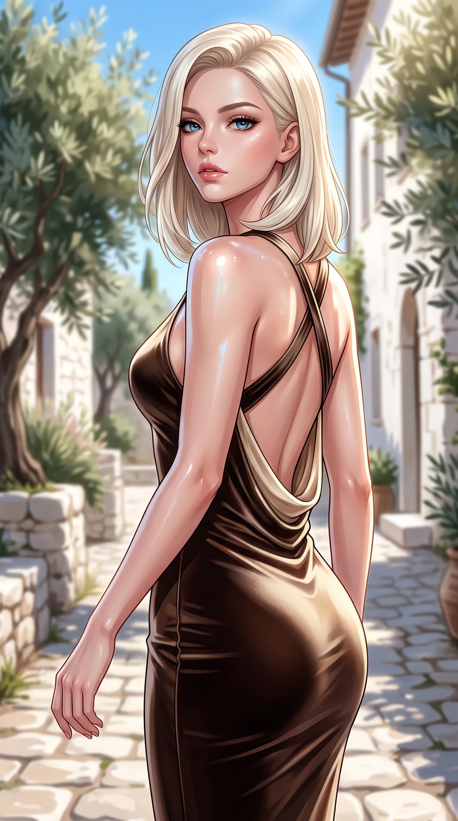 score_9, masterpiece, best quality, ultra-detailed, high-budget anime keyframe, editorial fashion photography, tasteful artistic composition, Caucasian woman. close-up cowboy shot from the waist and thighs up, the character dominates the composition, filling the frame with her large presence, background elements kept in soft focus. Tilting her chin up slightly with lips parted in a magnetic, composed expression walking down a cobblestone alley in a Tuscan hilltop villa surrounded by olive trees, intense Mediterranean sunlight reflecting off pristine white stone walls. She has an exceptionally elegant, slender, and willowy female figure with an ultra-slim waist, a gracefully sculpted slender torso, and a refined silhouette. sharp v-shaped jawline, high-bridge nose, intricate jewel-like eyes with depth, thick eyelashes, glossy lips with a natural sheen. wearing a precision-fitted liquid jersey bodycon dress with a draped back in espresso brown and warm cream, made of premium stretch velvet with a rich sheen, complemented by criss-cross back straps highlighting her bare shoulders, the sleek second-skin texture accentuating her magnetic presence. bathed in bright white Mediterranean sunbeams and deep blue sky reflections. highly saturated vibrant anime colors, detailed shading with soft gradients, rich glossy textures, high-contrast stereoscopic depth, volumetric dynamic lighting, master piece, 9:16 ratio