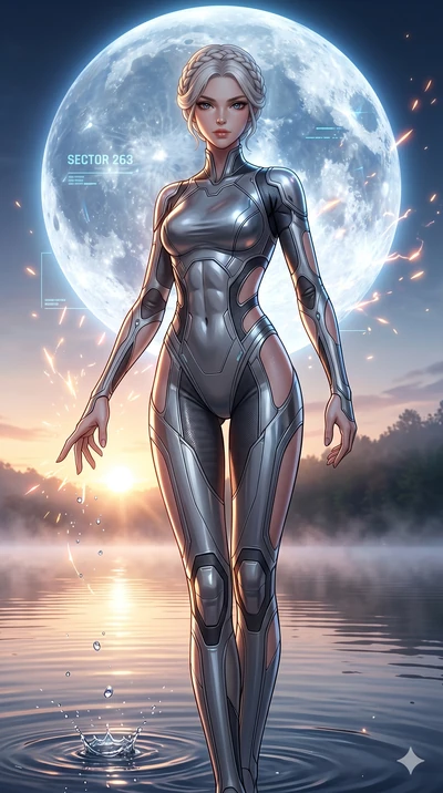 score_9, masterpiece, best quality, ultra-detailed, Set A: High-budget Anime Keyframe, Japanese woman. Low angle cowboy shot filling the entire 9:16 frame with her statuesque presence. Casting a spell through a misty lakeside at dawn, with a massive 