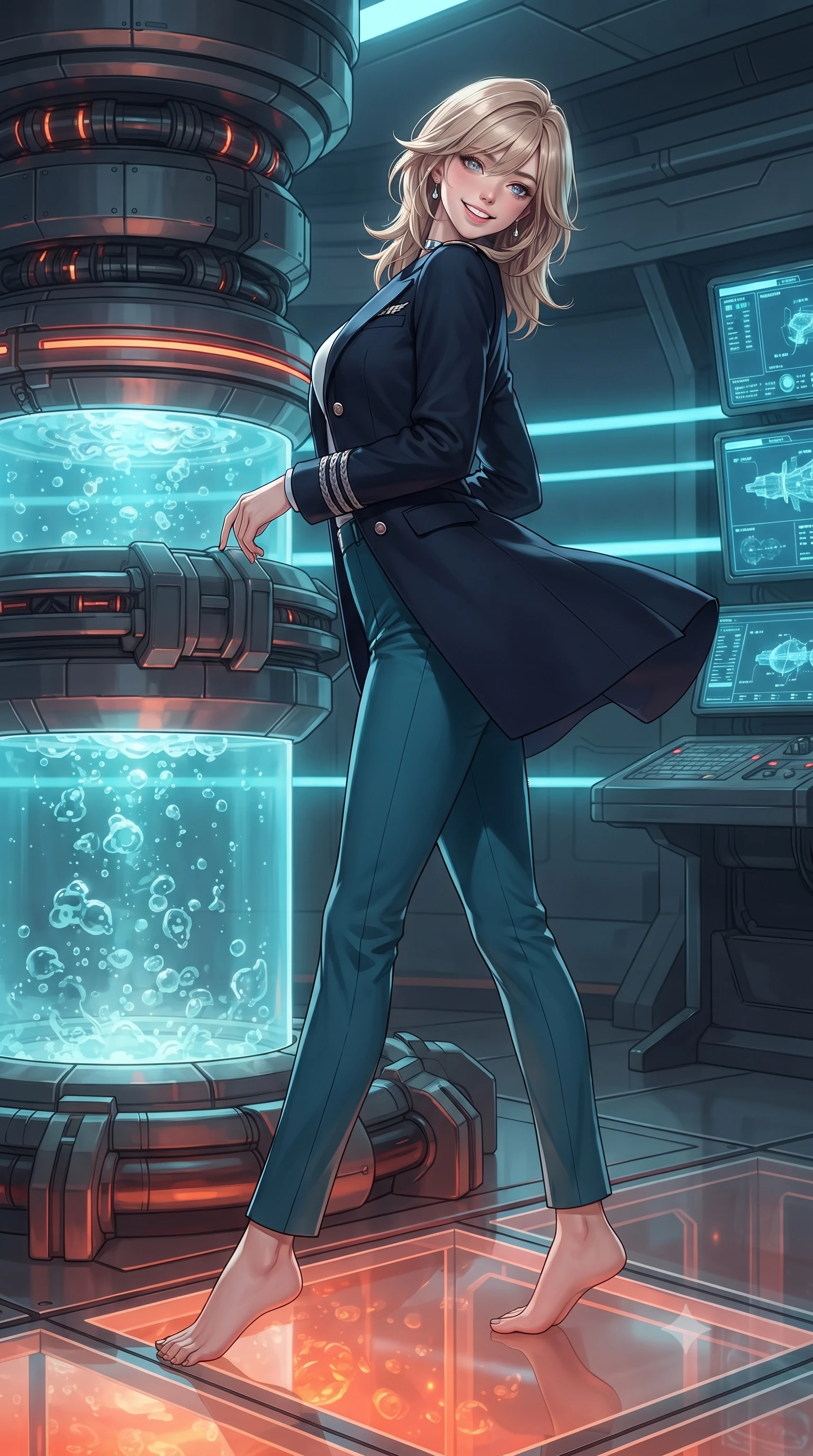 score_9, masterpiece, best quality, ultra-detailed, high-budget anime keyframe, editorial fashion photography, tasteful artistic composition, Japanese woman. low angle full-body shot from head to toe showing her feet, filling the entire 9:16 vertical frame with her statuesque presence, stretching her vertical silhouette. executing a slow, graceful pivot turn as her skirt sways around her slender legs, glancing back with an enchanting, teasing sensual expression while leaning against the magnetic plasma conduit with hips cocked back, gazing down into the bubbling liquid mantle through laser containment fields with intoxicating bedroom-eyes. The surrounding environment is rendered in vivid detail and crisp panoramic clarity: sharp seamless transparent armor-glass floor panels, superconducting laser emitter coils, and digital telemetry monitors in deep focus. She has an exceptionally tall and slender model-like 8.5-heads proportion, an ultra-slim waist, a flat toned midriff, narrow delicate ribcage, and beautifully sculpted feminine hips creating a graceful, slim hourglass silhouette without any bulky heaviness, with impossibly long slender legs. sharp v-shaped jawline, high-bridge nose, intricate jewel-like sparkling eyes with depth, thick eyelashes, glossy parted lips with a natural peach sheen, bright cheerful beaming smile with an enchanting and coquettish sensual glint, exuding both youthful cute charm and seductive allure, flawlessly proportioned anatomical accuracy, strict slender model proportions, natural body alignment, perfectly sculpted long slender limbs, ultra-slim waistline, clean dynamic posture without body distortion. wearing a tailored flight command officer coat in midnight navy with structured lapels, metallic rank braids, and tailored slim trousers in Europa abyssal turquoise and ice-shelf diamond, tailored from high-density tech-wool with subtle metallic thread weave, finished with a minimalist chrome choker and a single teardrop diamond pendant, the impeccably tailored cut draping gracefully along her slender figure with aristocratic poise. bathed in the dual illumination of searing 2200K subterranean magma radiance and cold 480nm cyan magnetic containment lasers. ultra-reflective glossy finish, specular highlights, rich textural contrasts, high-contrast stereoscopic depth, volumetric dynamic lighting, 2k, ultra detail, master piece, 9:16 ratio