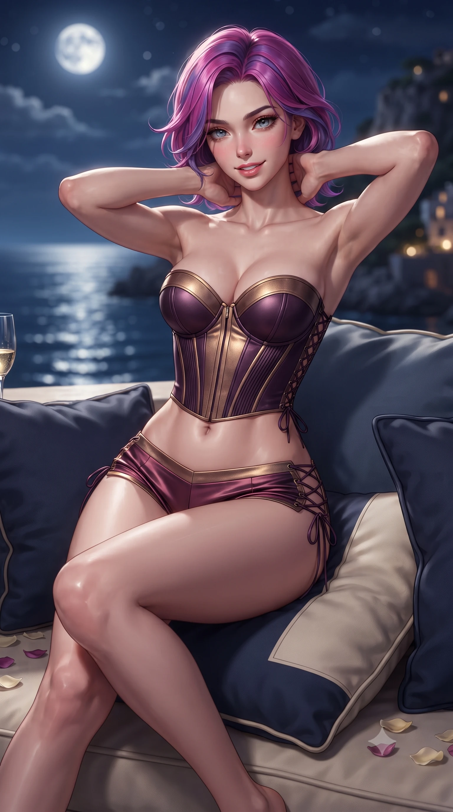 score_9, masterpiece, best quality, ultra-detailed, high-budget anime keyframe, editorial fashion photography, tasteful artistic composition, Caucasian woman. close-up cowboy shot from the waist and thighs up, the character dominates the composition, filling the frame with her large presence. resting both hands lightly behind her neck with elbows raised, arching her spine to highlight her narrow waist, flat midriff, and breathtaking collarbones while reclining gracefully on plush navy-and-cream outdoor cushions with legs crossed, holding a champagne flute with an enchanting, parted-lip smile. The background shows a soft-focus the dark shimmering Mediterranean sea, distant coastal cliffside lights, and celestial full moon blurred into deep navy, silver, and gold bokeh. She has an exceptionally elegant, slender, and willowy female figure with an ultra-slim waist, flat toned midriff, narrow ribcage, and sculpted feminine hips creating an alluring, slim hourglass silhouette without bulk. sharp v-shaped jawline, high-bridge nose, sparkling eyes with hypnotic seductive depth, thick curled eyelashes, glossy parted lips with a natural dewy peach sheen, alluring bedroom-eyes with an enchanting coquettish smile, exuding magnetic siren charisma and sophisticated high-fashion glamour, flawlessly proportioned anatomical accuracy, strict slender model proportions, natural body alignment, perfectly sculpted long slender limbs, ultra-slim waistline, clean dynamic posture without body distortion. wearing a strapless boned leatherette corset paired with low-waisted tailored satin hot-pants in rich dark plum violet and gilded bronze, tailored from fine ribbed modal knit with gentle elastic contouring and soft hand-feel, featuring fine criss-cross lace-up side ties revealing tantalizing glimpses of her hip curve, the precision-cut side openings and low-back scoop framing her graceful spine and the sensual sweep of her slim, toned hips. illuminated by ocean moonbeam bounce and sharp platinum rim lights sculpting her jawline, flat midriff, and curvaceous hips. ultra-reflective glossy finish, specular highlights, rich textural contrasts, high-contrast stereoscopic depth, volumetric dynamic lighting, 2k, ultra detail, master piece, 9:16 ratio