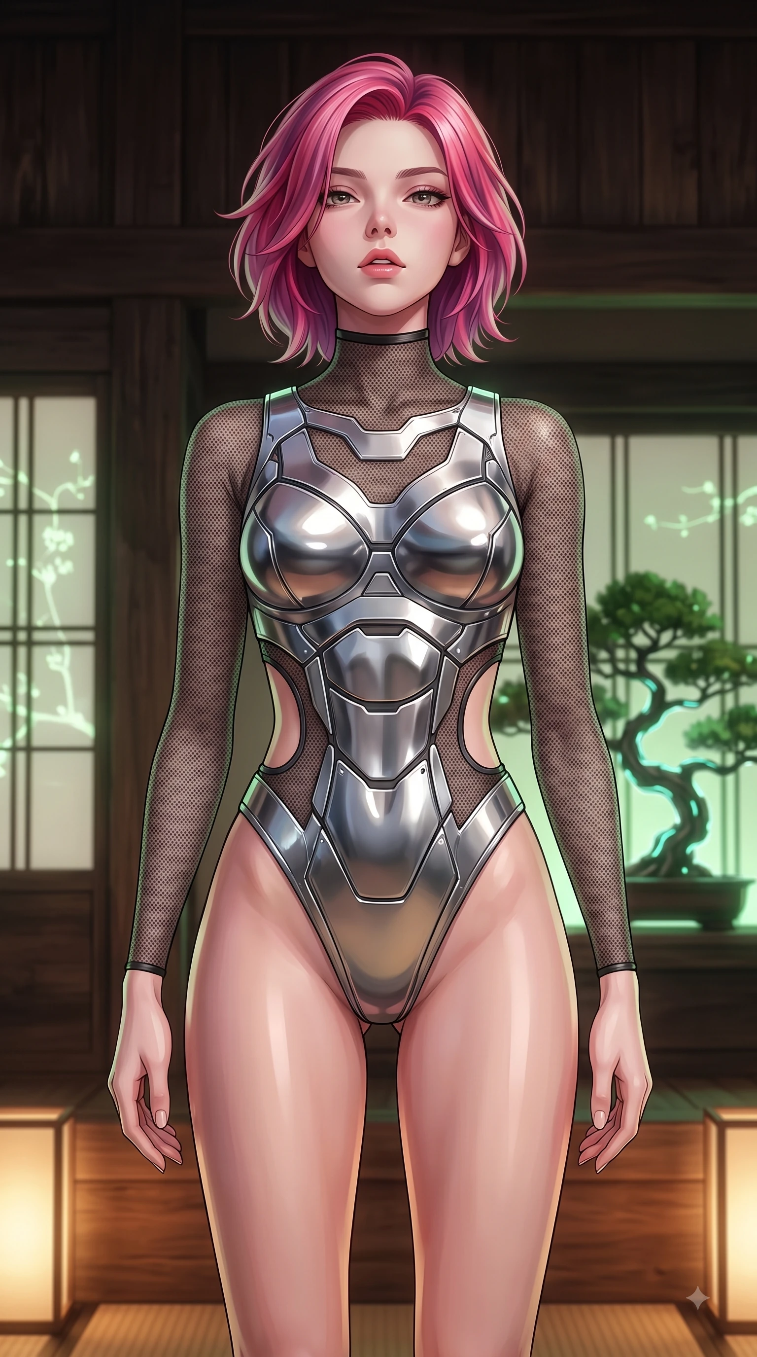 score_9, masterpiece, best quality, ultra-detailed, high-budget anime keyframe, editorial fashion photography, tasteful artistic composition, Caucasian woman woman. close-up cowboy shot from the waist and thighs up, the character dominates the composition, filling the frame with her large presence, background elements kept in soft focus. She has an exceptionally elegant, slender, and willowy female figure with an ultra-slim waist, a gracefully sculpted slender torso, and a refined silhouette. tilting her chin up slightly with lips parted in a composed and alluring expression, flawlessly proportioned anatomical accuracy, natural body alignment, perfectly sculpted elegant limbs, clean dynamic posture without body distortion. set against a soft-focus background of a cyber-zen tea room with digital shoji screens and bonsai. wearing a high-cut chrome-plated structured bodice over fine dark mesh with side waist cutouts. bathed in soft warm wooden ambient glow with gentle green digital plant highlights. highly saturated vibrant anime colors, detailed shading with soft gradients, rich glossy textures, high-contrast stereoscopic depth, volumetric dynamic lighting, master piece, 9:16 ratio