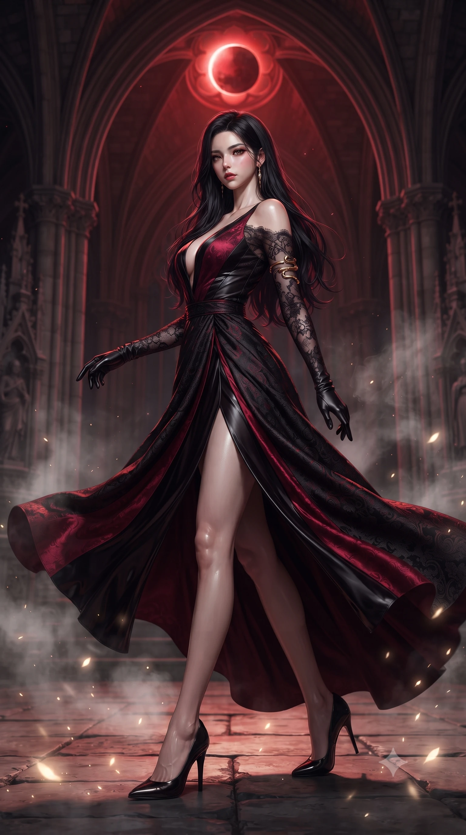 score_9, masterpiece, best quality, ultra-detailed, high-budget anime keyframe, editorial fashion photography, tasteful artistic composition, Korean woman. low angle full-body shot from head to toe showing her feet, filling the entire 9:16 vertical frame with her statuesque presence, stretching her vertical silhouette. executing an elegant mid-motion turn as garments swirl around her slender limbs, glancing over her shoulder with smoldering allure while pivoting dynamically beneath colossal gothic cathedral arches as a total lunar eclipse casts blood-crimson shadows. The composition keeps background elements in soft focus with creamy bokeh. drifting incense smoke and lunar light rays scattering ethereal radiant motes across the stone flags. She has an absolutely perfect, statuesque 8.5-heads proportion, an exceptionally tall and slender model-like female figure with impossibly long slender legs, a toned flat midriff, and an ultra-slim waist. sharp v-shaped jawline, high-bridge nose, intricate jewel-like eyes with depth, thick eyelashes, glossy parted lips with a natural sheen, intensely captivating and seductive expression, flawlessly proportioned anatomical accuracy, strict slender model proportions, natural body alignment, perfectly sculpted long slender limbs, ultra-slim waistline, clean dynamic posture without body distortion. wearing a dark romantic lace-sleeved evening gown with a plunging neckline and bare shoulders in dramatic crimson and polished obsidian, made of rich textured jacquard silk with baroque gold thread, accessorized with opera-length black satin gloves and gold serpent armlet, the form-contouring material adhering flawlessly to her sculpted flat midriff and slender torso, emphasizing her long leg lines and perfectly proportioned willowy build. surrounded by an immortal, transcendent, and breathtakingly majestic gothic siren aura. ultra-reflective glossy finish, specular highlights, rich textural contrasts, high-contrast stereoscopic depth, volumetric dynamic lighting, 2k, ultra detail, master piece, 9:16 ratio
