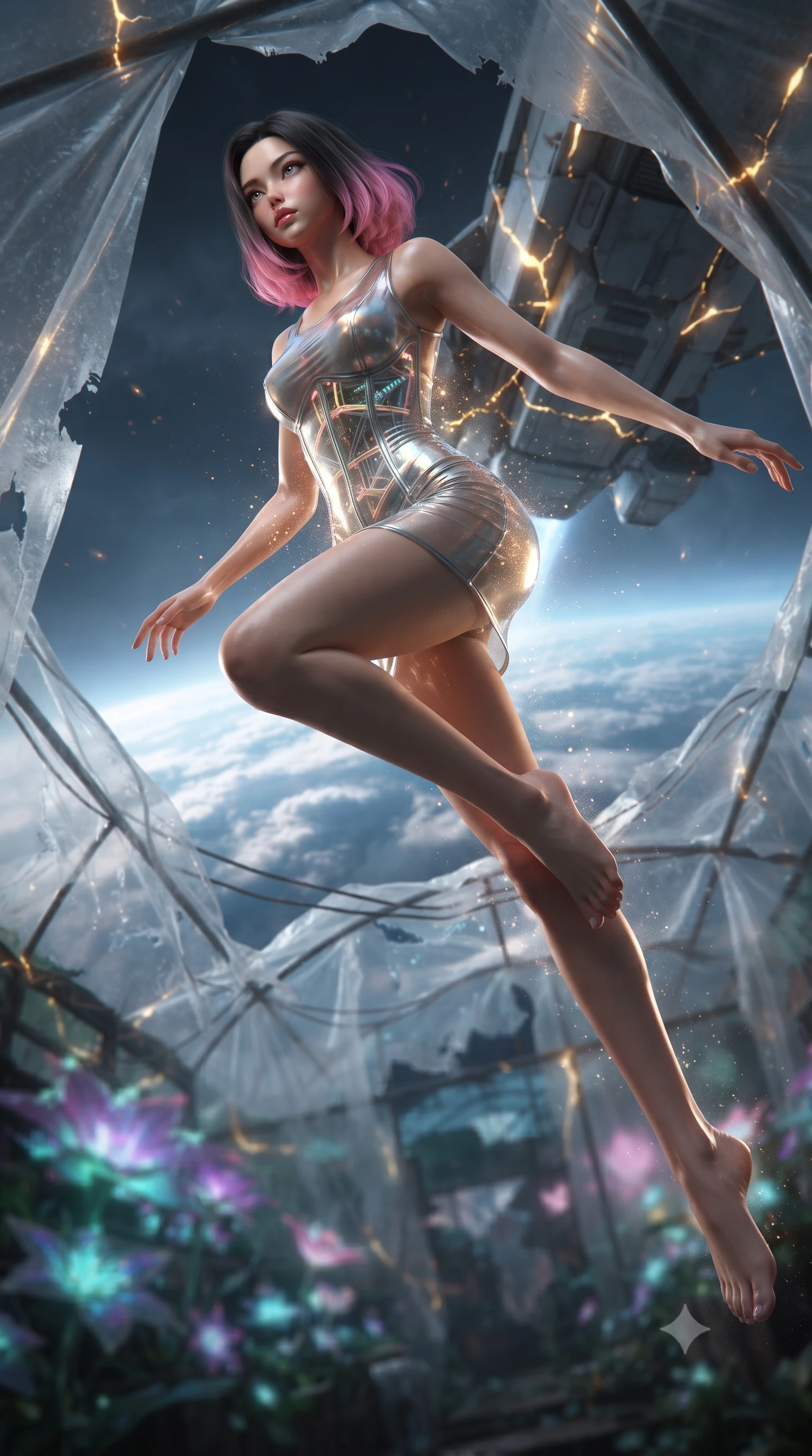 score_9, masterpiece, best quality, ultra-detailed, high-budget anime keyframe, editorial fashion photography, tasteful artistic composition, realistic cosplay photography, Korean woman. low angle full-body shot from head to toe showing her feet, filling the entire 9:16 vertical frame with her statuesque presence, stretching her vertical silhouette. leaping off a launching drop-ship, diving headfirst toward the cloud tops of an alien world through a rooftop garden in the slums where mutated bioluminescent flowers are grown under plastic sheets. She has a statuesque 8.5-heads proportion, an exceptionally tall, slender and willowy model-like build with impossibly long legs and a highly sculpted ultra-slim waist. sharp v-shaped jawline, high-bridge nose, intricate jewel-like eyes with depth, thick eyelashes, glossy lips with a natural sheen. wearing catching and diffusing the glowing particles, shimmering softly in response to the surrounding light, a slim-fit transparent liquid-mercury mini dress with a visible neon corset interior structure, showing her slender waist. glowing kintsugi gold light radiating from cracks in the environment creating a majestic inner glow. ultra-reflective glossy finish, specular highlights, metallic sheen, high-contrast stereoscopic depth, volumetric dynamic lighting, 2k, ultra detail, master piece, 9:16 ratio