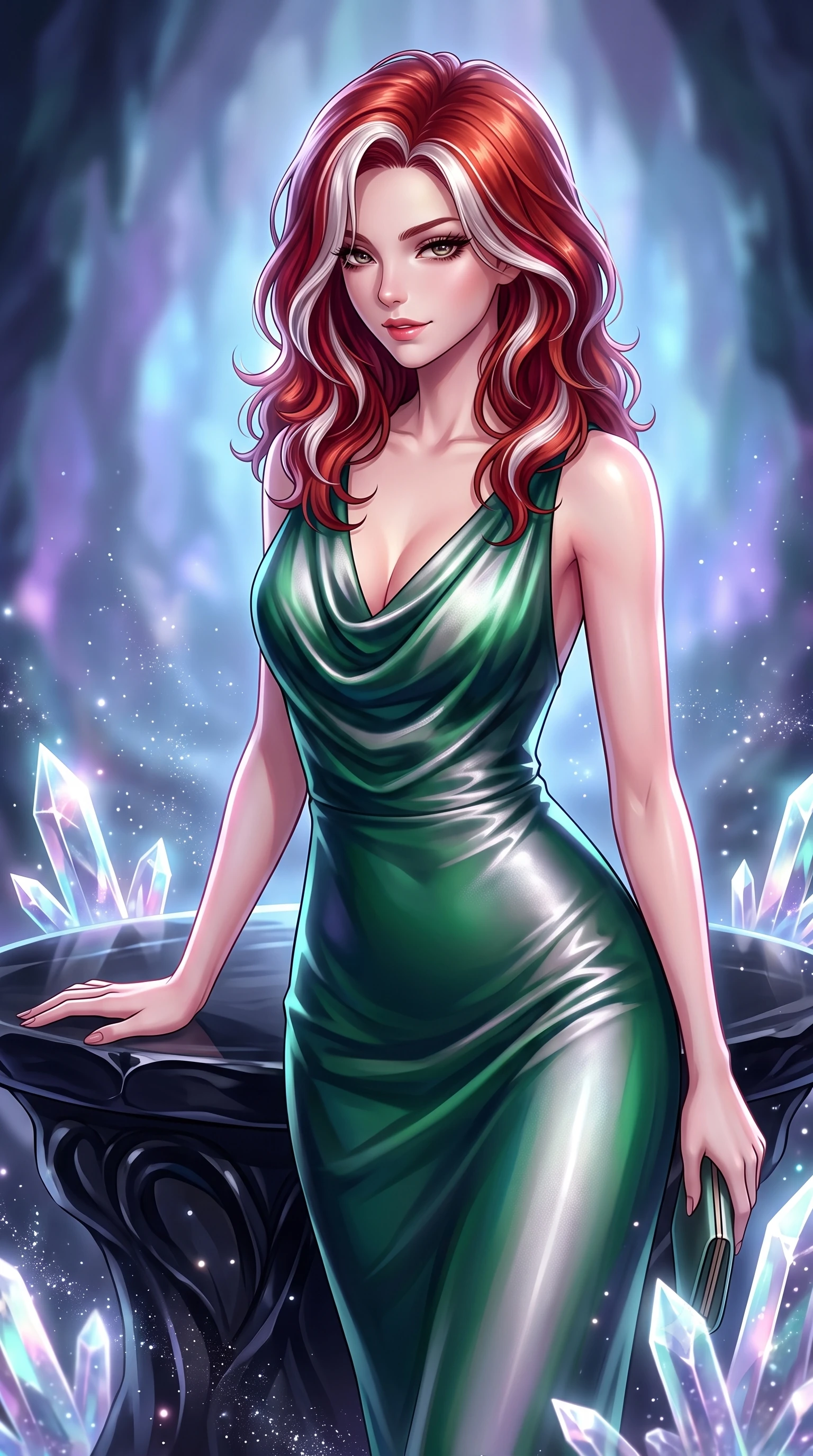 score_9, masterpiece, best quality, ultra-detailed, high-budget anime keyframe, editorial fashion photography, tasteful artistic composition, Caucasian woman. close-up cowboy shot from the waist and thighs up, the character dominates the composition, filling the frame with her large presence, background elements kept in soft focus. Glancing sidelong over her shoulder with a smoldering half-smile and heavy lashes resting on a carved obsidian altar surrounded by radiant crystal shards, glowing mineral dust shimmering like stars in the quiet cavern air. She has an exceptionally elegant, slender, and willowy female figure with an ultra-slim waist, a gracefully sculpted slender torso, and a refined silhouette. sharp v-shaped jawline, high-bridge nose, intricate jewel-like eyes with depth, thick eyelashes, glossy lips with a natural sheen. wearing an elegant cowl-neck satin midi dress with a draped neckline in deep emerald green and silver accent, crafted from iridescent chiffon that shifts colors in the light, accented with a Tasteful chest slit framing her clavicle gracefully, the sleek second-skin texture accentuating her magnetic presence. surrounded by a cool jewel-toned luminescence with bright specular rim lights. highly saturated vibrant anime colors, detailed shading with soft gradients, rich glossy textures, high-contrast stereoscopic depth, volumetric dynamic lighting, master piece, 9:16 ratio