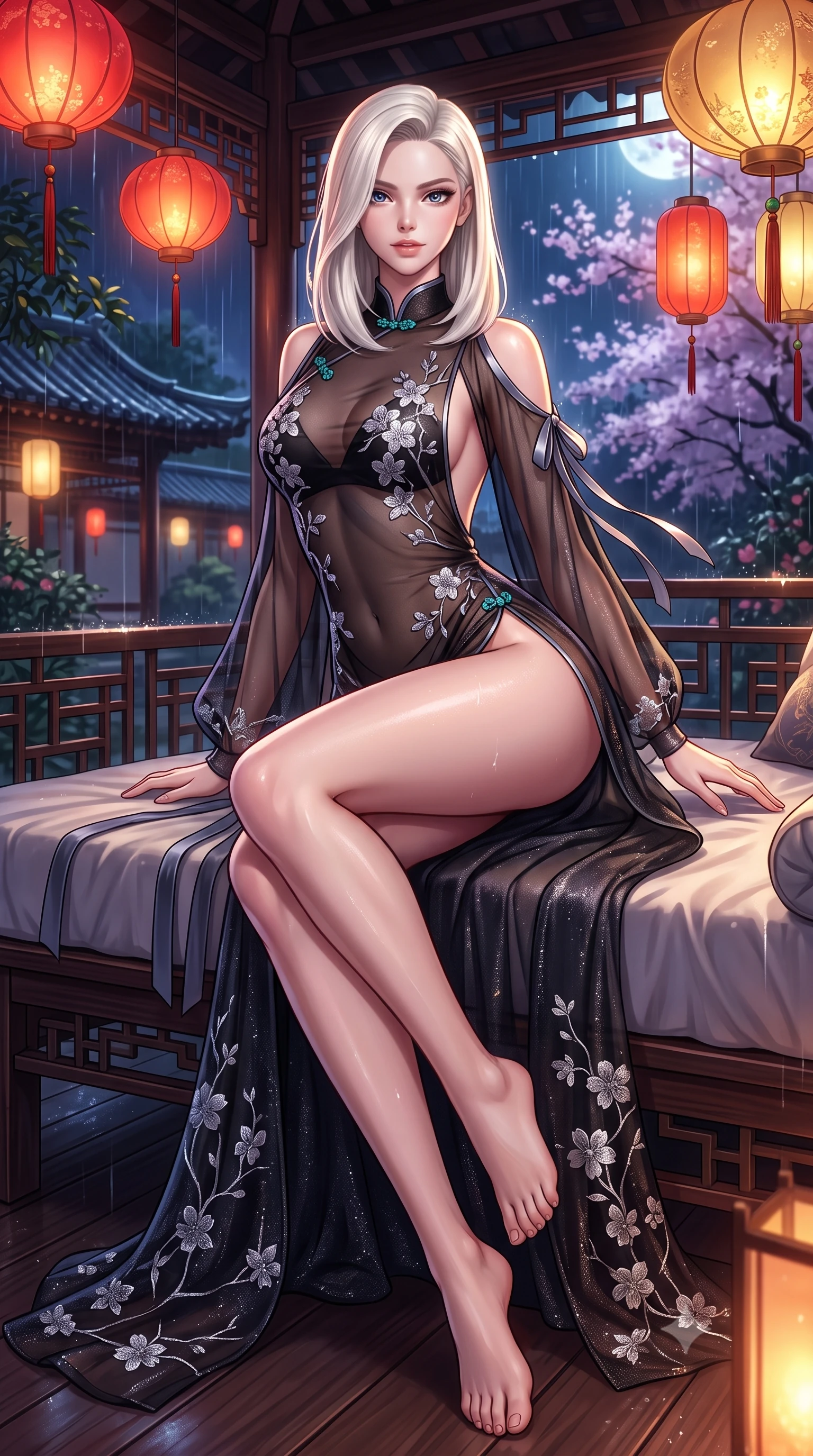 score_9, masterpiece, best quality, ultra-detailed, high-budget anime keyframe, semi-realistic 3D game render, editorial fashion photography, tasteful artistic composition, Caucasian woman. low angle full-body shot from head to toe showing her feet, filling the entire 9:16 vertical frame with her statuesque presence, stretching her vertical silhouette. lounging on the lavish daybed with legs crossed and hips angled toward the camera, displaying her toned midriff and long slender limbs with effortless siren poise while twisting her slender torso in an alluring S-curve, glistening rain droplets and lantern light tracing her dewy skin and narrow waist. The surrounding environment is rendered in vivid detail and crisp panoramic clarity: detailed alluring semi-sheer silk chiffon boudoir peignoir drape, jade button accents, and heritage architecture in razor-sharp precision. She has an exceptionally tall and slender model-like 8.5-heads proportion, an ultra-slim waist, a flat toned midriff, narrow delicate ribcage, and beautifully sculpted feminine hips creating a graceful, slim hourglass silhouette without any bulky heaviness, with impossibly long slender legs. sharp v-shaped jawline, high-bridge nose, intricate jewel-like sparkling eyes with depth, thick eyelashes, glossy parted lips with a natural peach sheen, bright cheerful beaming smile with an enchanting and coquettish sensual glint, exuding both youthful cute charm and seductive allure, flawlessly proportioned anatomical accuracy, strict slender model proportions, natural body alignment, perfectly sculpted long slender limbs, ultra-slim waistline, clean dynamic posture without body distortion. wearing a provocative sheer noir illusion mesh kimono dress with embroidered silver cherry blossom motifs framing her curves in Kyoto moonlit sakura blush and polished urushi black, woven from stretch metallic lurex jersey casting radiant starlight glints across her curves, finished with satin ribbon ties at the shoulders fluttering in the gentle breeze, the precision-cut side openings and low-back scoop framing her graceful spine and the sensual sweep of her slim, toned hips. bathed in the romantic red-and-gold 2200K glow of hanging silk lanterns contrasted with deep midnight rain ambient. highly saturated vibrant anime colors, detailed shading with soft gradients, rich glossy textures, high-contrast stereoscopic depth, volumetric dynamic lighting, master piece, 9:16 ratio