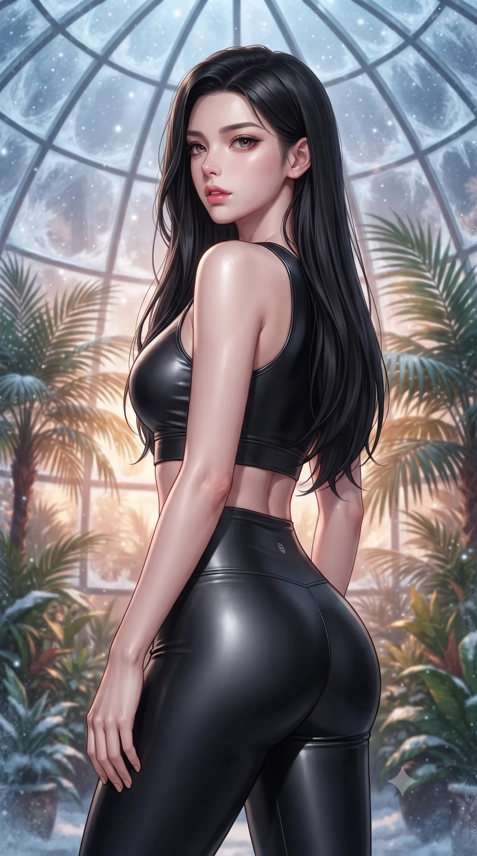 score_9, masterpiece, best quality, ultra-detailed, high-budget anime keyframe, editorial fashion photography, tasteful artistic composition, Korean woman. close-up cowboy shot from the waist and thighs up, the character dominates the composition, filling the frame with her large presence, background elements kept in soft focus. turning her face in profile to look over her shoulder, casting a smoldering side gaze with lips slightly parted, the background shows a soft-focus a glass greenhouse dome built in a snowy biome, filled with warm tropical palms. She has an exceptionally elegant, slender, and willowy female figure with an ultra-slim waist, a gracefully sculpted slender torso, and a refined silhouette. sharp v-shaped jawline, high-bridge nose, intricate jewel-like eyes with depth, thick eyelashes, glossy lips with a natural sheen. wearing a body-hugging form-fitting athletic crop top and matching high-waisted compression leggings in sleek carbon-black tech fabric. soft silver starlight filtering through glass panels, creating a cool ambient glow. ultra-reflective glossy finish, specular highlights, metallic sheen, high-contrast stereoscopic depth, volumetric dynamic lighting, 2k, ultra detail, master piece, 9:16 ratio
