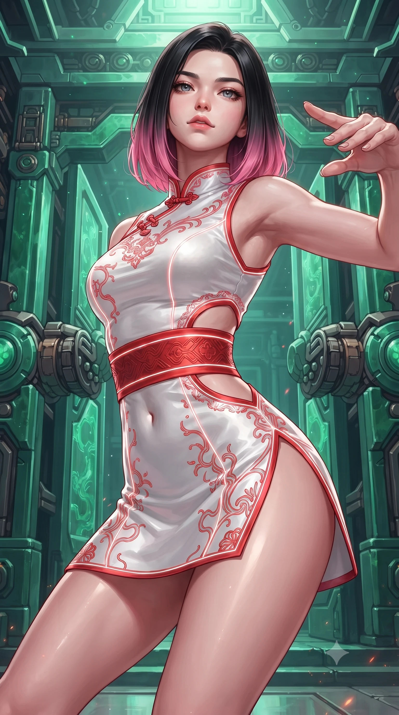score_9, masterpiece, best quality, ultra-detailed, high-budget anime keyframe, editorial fashion photography, tasteful artistic composition, Korean woman. close-up cowboy shot from the waist and thighs up, the character dominates the composition, filling the frame with her large presence. tilting her chin up with proud, sovereign confidence while gazing directly into the lens with thick, dark eyelashes while arching her spine in a fluid martial arts greeting stance before the colossal biomechanical jade palace gates. The surrounding environment is rendered in vivid detail and crisp panoramic clarity. vibrant high-contrast oriental sci-fi chiaroscuro and imperial dragon sanctuary aesthetics in precision. She has an exceptionally elegant, slender, and willowy female figure with an ultra-slim waist, a gracefully sculpted slender torso, toned flat midriff, and a refined slim silhouette. sharp v-shaped jawline, high-bridge nose, intricate jewel-like eyes with depth, thick eyelashes, glossy lips with a natural sheen, captivating and magnetic expression, flawlessly proportioned anatomical accuracy, strict slender model proportions, natural body alignment, perfectly sculpted long slender limbs, ultra-slim waistline, clean dynamic posture without body distortion. wearing a futuristic embroidered qipao mini dress with glowing fiber-optic seams and side cutouts in pure snow white and vermilion red, tailored from traditional lustrous satin with delicate hand-stitched borders, finished with a wide embroidered waist band emphasizing her slender midriff, the precision-cut daring openings accentuating her delicate midriff, graceful bare collarbones, and ultra-slim feminine waistline. illuminated by wet reflective highlights defining her sculpted neck, waistline, and slender legs. ultra-reflective glossy finish, specular highlights, rich textural contrasts, high-contrast stereoscopic depth, volumetric dynamic lighting, 2k, ultra detail, master piece, 9:16 ratio