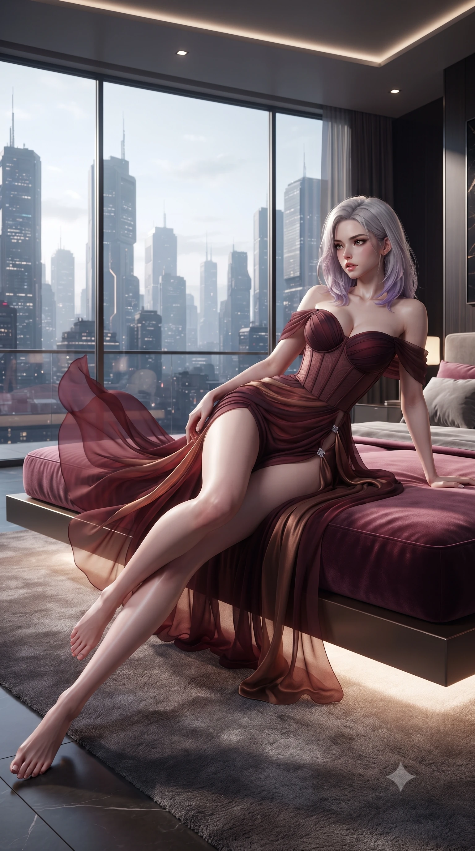 score_9, masterpiece, best quality, ultra-detailed, high-budget anime keyframe, editorial fashion photography, tasteful artistic composition, Caucasian woman. low angle full-body shot from head to toe showing her feet, filling the entire 9:16 vertical frame with her statuesque presence, stretching her vertical silhouette. executing an elegant mid-motion pivot turn as garments swirl around her slender limbs, glancing over her shoulder with an intoxicating bedroom-gaze while reclining on her side across a floating velvet infinity daybed, one leg extended and torso propped on one elbow to accentuate the sweeping line of her curvy hips. The surrounding environment is rendered in vivid detail and crisp panoramic clarity. sleek modern luxury chiaroscuro and futuristic skyline elegance rendered with environmental precision. She has an absolutely perfect, statuesque 8.5-heads proportion, an exceptionally tall and slender model-like female figure with impossibly long slender legs, a toned flat midriff, an ultra-slim waist, and beautifully sculpted feminine hips. sharp v-shaped jawline, high-bridge nose, intricate jewel-like eyes with depth, thick eyelashes, glossy parted lips with a natural sheen, intensely captivating and seductive bedroom-eyes expression, flawlessly proportioned anatomical accuracy, strict slender model proportions, natural body alignment, perfectly sculpted long slender limbs, ultra-slim waistline, clean dynamic posture without body distortion. wearing a statuesque off-shoulder evening dress with a boned corset bodice and bodycon silhouette in rich wine burgundy and liquid bronze, woven from layered gossamer chiffon with a weightless sweeping drape, finished with an ultra-high side slit secured by miniature jeweled clasps, the liquid-tight tailored fabric clinging flawlessly to her narrow waist and rounded feminine hips, emphasizing every millimeter of her sculpted hourglass curves during movement. illuminated by crisp directional edge lights sharply sculpting her slender waist and curvy feminine hips. ultra-reflective glossy finish, specular highlights, rich textural contrasts, high-contrast stereoscopic depth, volumetric dynamic lighting, 2k, ultra detail, master piece, 9:16 ratio