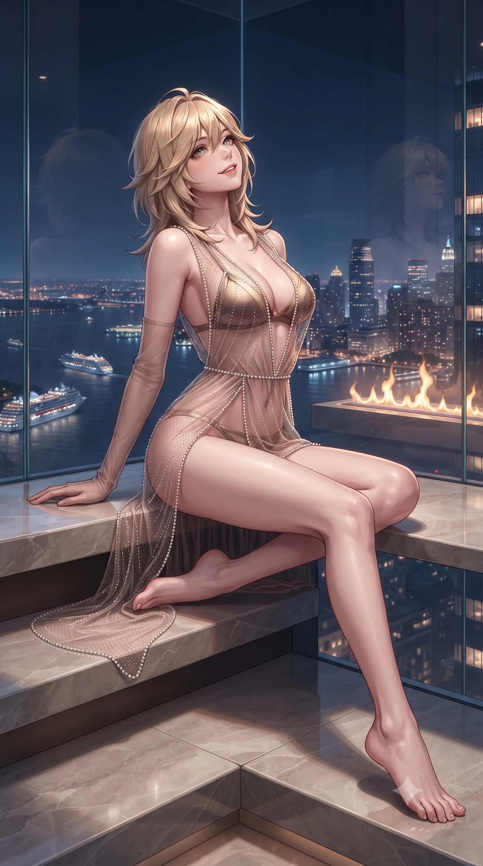 score_9, masterpiece, best quality, ultra-detailed, high-budget anime keyframe, editorial fashion photography, tasteful artistic composition, Japanese woman. low angle full-body shot from head to toe showing her feet, filling the entire 9:16 vertical frame with her statuesque presence, stretching her vertical silhouette. sitting poised on the stone steps with one knee bent, arching her spine with supermodel elegance as she glances upward through thick eyelashes while standing poised at the frameless glass corner suspended above the Hudson River, arching her back as midnight cruise ships and New Jersey skyline glitter below. The background shows a soft-focus minimalist ethanol flame ribbon softened in ultra-modern skyscraper aerie shallow focus. She has an exceptionally tall and slender model-like 8.5-heads proportion, an ultra-slim waist, a flat toned midriff, narrow delicate ribcage, and beautifully sculpted feminine hips creating a graceful, slim hourglass silhouette without any bulky heaviness, with impossibly long slender legs. sharp v-shaped jawline, high-bridge nose, intricate jewel-like sparkling eyes with depth, thick eyelashes, glossy parted lips with a natural peach sheen, bright cheerful beaming smile with an enchanting and coquettish sensual glint, exuding both youthful cute charm and seductive allure, flawlessly proportioned anatomical accuracy, strict slender model proportions, natural body alignment, perfectly sculpted long slender limbs, ultra-slim waistline, clean dynamic posture without body distortion. wearing a provocative plunge-front sheer mesh caftan with delicate pearl beading worn open over micro satin lingerie in Oia starlight bronze and radiant champagne gold, woven from fine semi-opaque stretch illusion mesh tracing her slender contours, complemented by sheer opera-length evening gloves tracing her slender arms, the precision-cut side openings and low-back scoop framing her graceful spine and the sensual sweep of her slim, toned hips. bathed in the cool ambient glow of the illuminated river and city skyline mixed with warm recessed LED ceiling strips. ultra-reflective glossy finish, specular highlights, rich textural contrasts, high-contrast stereoscopic depth, volumetric dynamic lighting, 2k, ultra detail, master piece, 9:16 ratio