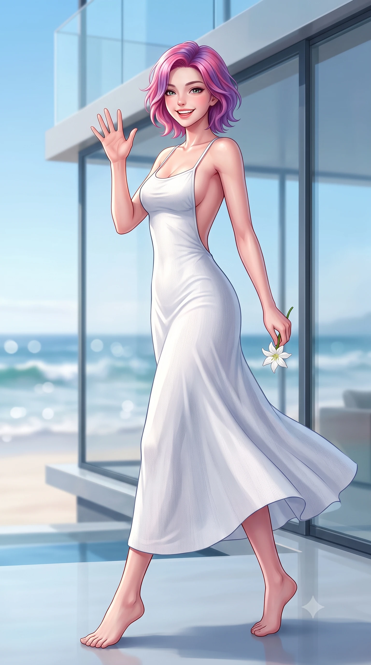 score_9, masterpiece, best quality, ultra-detailed, high-budget anime keyframe, editorial fashion photography, tasteful artistic composition, Caucasian woman. low angle full-body shot from head to toe showing her feet, filling the entire 9:16 vertical frame with her statuesque presence, stretching her vertical silhouette. stepping forward with a bright, cheerful smile, waving happily at the viewer set against a soft-focus background of inside a modern glass beach house looking out at the ocean waves holding a small white flower from a beach vine with a lovely smile. She has an absolutely perfect, statuesque 8.5-heads proportion, an exceptionally tall and slender model-like female figure with impossibly long slender legs and an ultra-slim waist. sharp v-shaped jawline, high-bridge nose, intricate jewel-like eyes with depth, thick eyelashes, glossy lips with a natural sheen. wearing body-hugging backless cotton sundress in white, featuring delicate straps and a long flowing skirt. cool morning daylight creating a fresh, energetic seaside atmosphere. highly saturated vibrant anime colors, detailed shading with soft gradients, rich glossy textures, high-contrast stereoscopic depth, volumetric dynamic lighting, master piece, 9:16 ratio