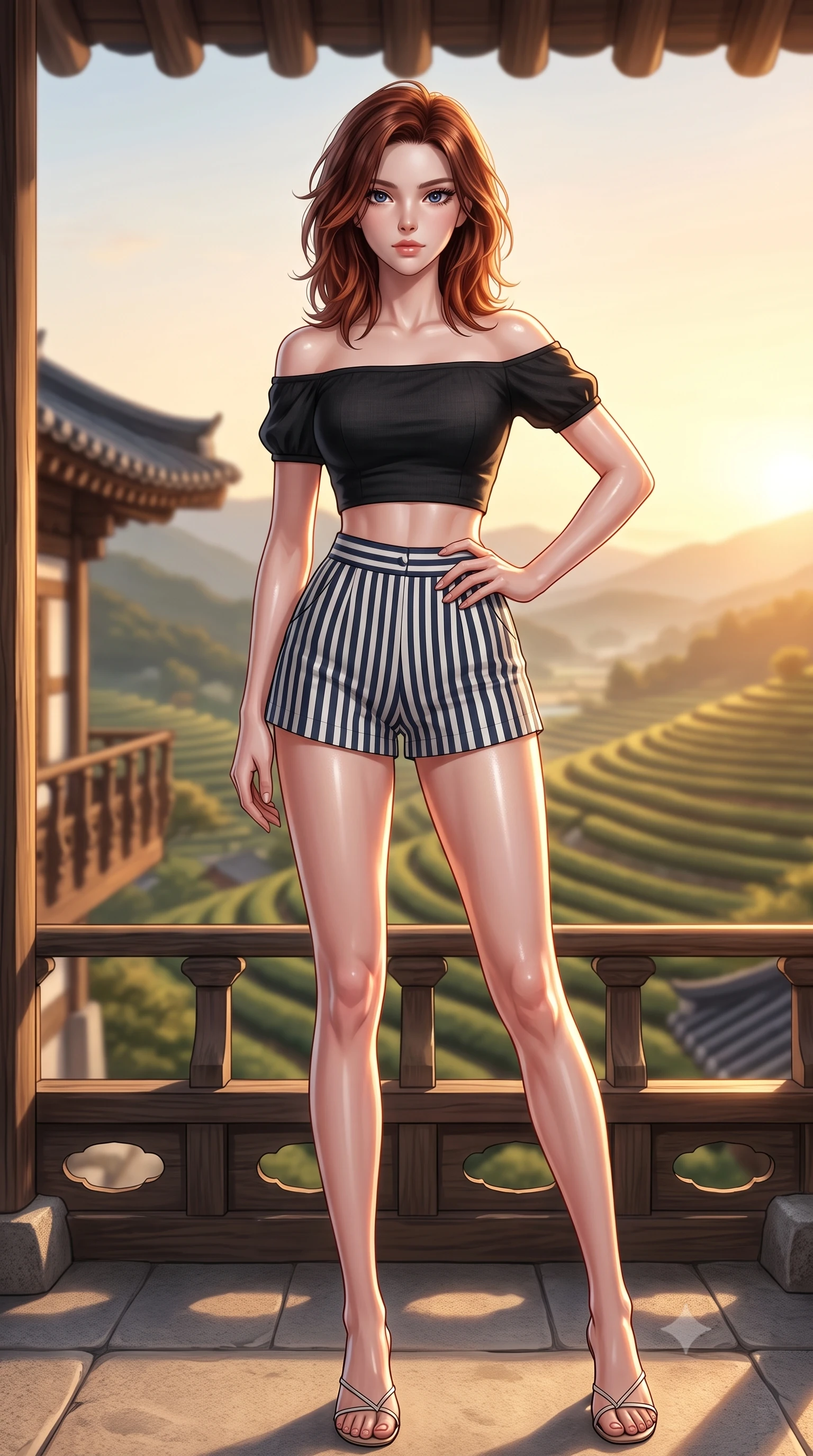 score_9, masterpiece, best quality, ultra-detailed, high-budget anime keyframe, editorial fashion photography, tasteful artistic composition, Korean woman. low angle full-body shot from head to toe showing her feet, filling the entire 9:16 vertical frame with her statuesque presence, stretching her vertical silhouette. posing confidently with one hand on her hip, stretching her statuesque body to emphasize her curves the background shows a soft-focus a traditional estate balcony overlooking a valley of terraced tea fields. She has an absolutely perfect, statuesque 8.5-heads proportion, an exceptionally tall and slender model-like female figure with impossibly long slender legs and an ultra-slim waist. sharp v-shaped jawline, high-bridge nose, intricate jewel-like eyes with depth, thick eyelashes, glossy lips with a natural sheen. wearing a body-hugging chic off-shoulder crop top in black linen, paired with high-waisted striped resort shorts. late afternoon sun casting a majestic golden glow over the stone walls. ultra-reflective glossy finish, specular highlights, metallic sheen, high-contrast stereoscopic depth, volumetric dynamic lighting, 2k, ultra detail, master piece, 9:16 ratio
