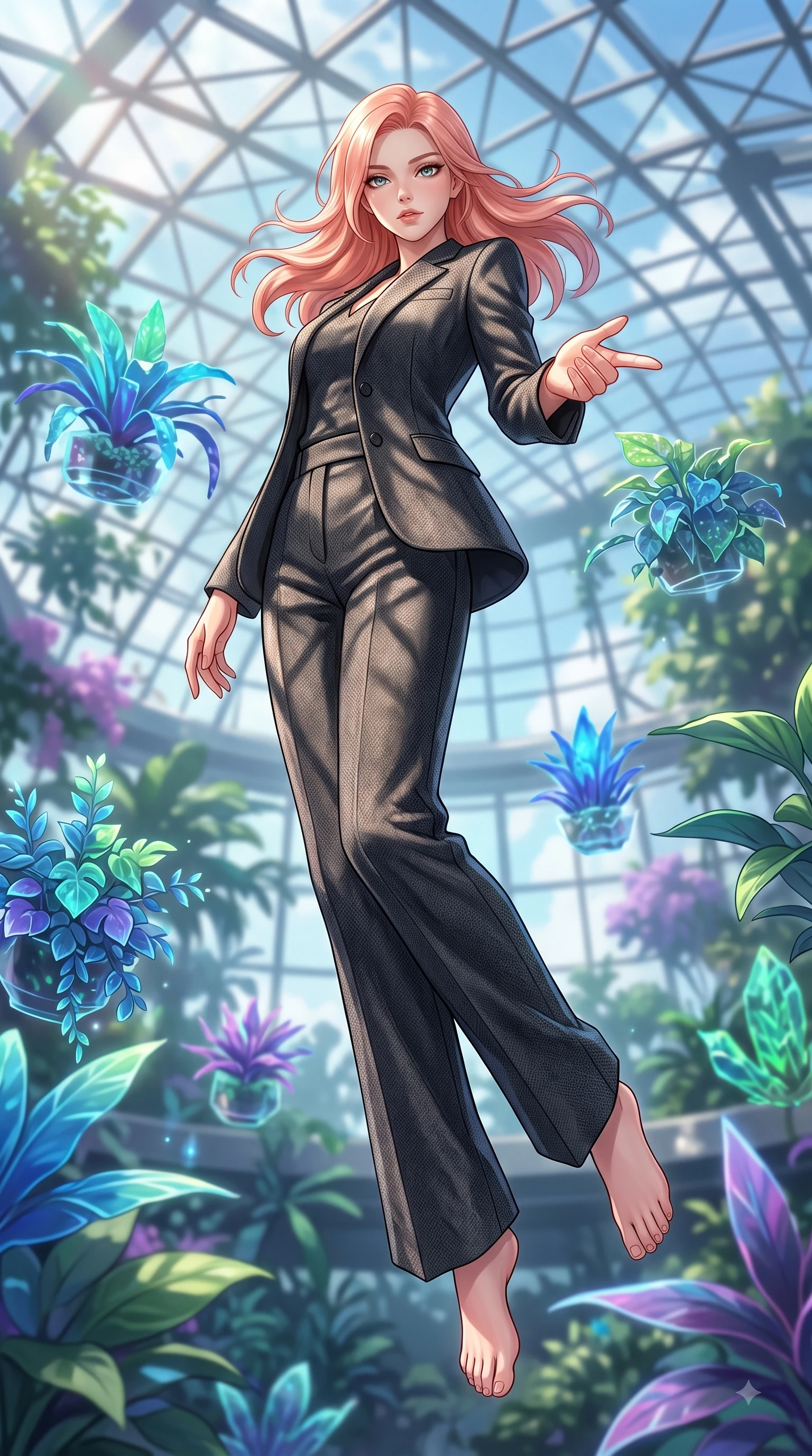 score_9, masterpiece, best quality, ultra-detailed, high-budget anime keyframe, editorial fashion photography, tasteful artistic composition, Japanese woman woman. low angle full-body shot from head to toe showing her feet, filling the entire 9:16 vertical frame with her statuesque presence, stretching her vertical silhouette. She has an absolutely perfect, statuesque 8.5-heads proportion, an exceptionally tall and slender model-like female figure with impossibly long slender legs and an ultra-slim waist. floating dynamically in zero-gravity with flawless poise, reaching her hand forward gracefully, flawlessly proportioned anatomical accuracy, natural body alignment, perfectly sculpted elegant limbs, clean dynamic posture without body distortion. set against a soft-focus background of a futuristic botanical pavilion with floating hologram plants. wearing a tailored charcoal tweed suit jacket with high-waisted wide trousers. bathed in dappled morning sunlight filtering through glass roof grid structures. highly saturated vibrant anime colors, detailed shading with soft gradients, rich glossy textures, high-contrast stereoscopic depth, volumetric dynamic lighting, master piece, 9:16 ratio