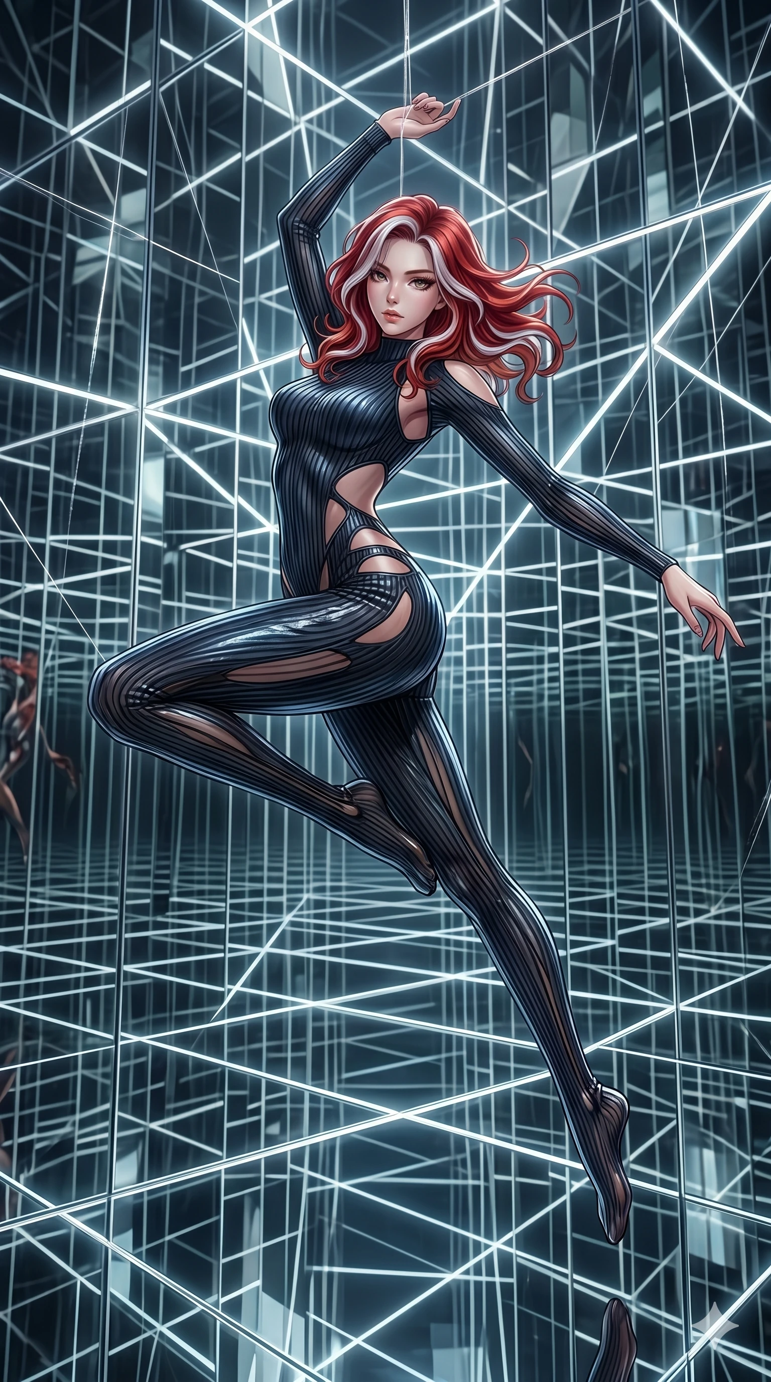 score_9, masterpiece, best quality, ultra-detailed, High-budget Anime Keyframe, East Asian woman. Dynamic full-body shot stretching the vertical silhouette to the limit. Scenario 186: Suspended by invisible silk threads in a hall of mirrors. Her presence is magnetic and overpowering in this high-budget anime scene. Outfit 186: A ribbed bodycon knit mesh with a strategic side cut-outs and wet-look texture. The clothing is designed to emphasize her exceptionally tall and slender 8-heads proportion. 8-heads proportion, towering silhouette, ultra-slim waist. sharp v-shaped jawline, intricate jewel-like eyes with depth, thick eyelashes, glossy lips. 2k, ultra detail, master piece, 9:16 ratio