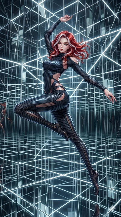 score_9, masterpiece, best quality, ultra-detailed, High-budget Anime Keyframe, East Asian woman. Dynamic full-body shot stretching the vertical silhouette to the limit. Scenario 186: Suspended by invisible silk threads in a hall of mirrors. Her pres
