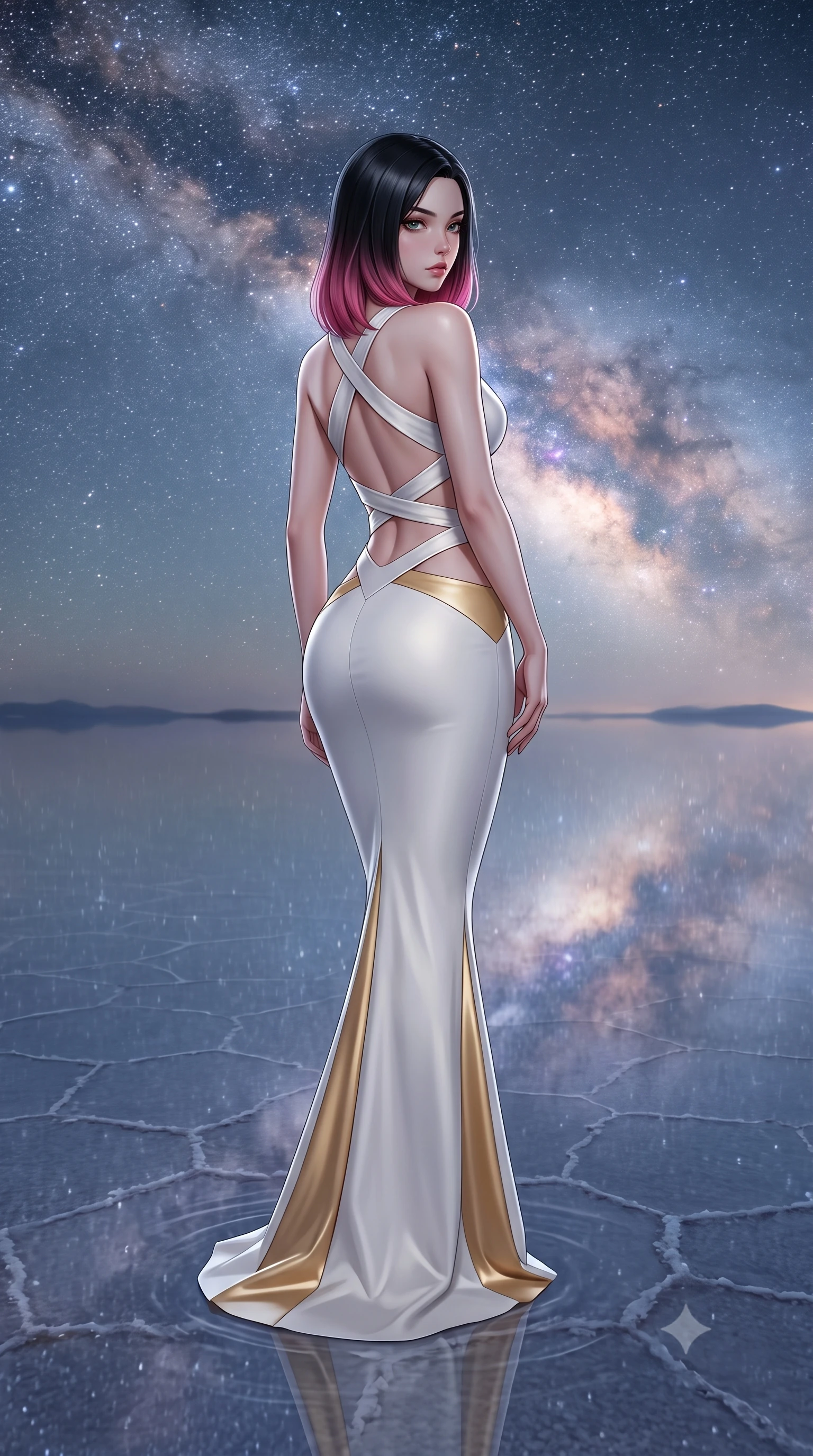 score_9, masterpiece, best quality, ultra-detailed, high-budget anime keyframe, semi-realistic 3D game render, editorial fashion photography, tasteful artistic composition, Korean woman. low angle full-body shot from head to toe showing her feet, filling the entire 9:16 vertical frame with her statuesque presence, stretching her vertical silhouette. posing with back turned slightly to the lens, glancing back with smoldering allure as she arches her lower back to emphasize her sculpted feminine hips and slender waist while standing in paper-thin water on the infinite salt flat, arching her back as the entire Milky Way galaxy reflects flawlessly beneath her feet like a celestial mirror. The surrounding environment is rendered in vivid detail and crisp panoramic clarity. sharp water surface mirror reflections, hexagonal salt crust polygons beneath water, and starlight points in deep focus. She has an exceptionally tall and slender model-like 8.5-heads proportion, an ultra-slim waist, a flat toned midriff, narrow delicate ribcage, and beautifully sculpted feminine hips creating a graceful, slim hourglass silhouette without any bulky heaviness, with impossibly long slender legs. sharp v-shaped jawline, high-bridge nose, intricate jewel-like eyes with depth, thick eyelashes, glossy parted lips with a natural sheen, intensely captivating and seductive bedroom-eyes expression, flawlessly proportioned anatomical accuracy, strict slender model proportions, natural body alignment, perfectly sculpted long slender limbs, ultra-slim waistline, clean dynamic posture without body distortion. wearing a sculptured liquid-satin mermaid gown with an architectural open-waist cutout and bare spine in pure alabaster white and sun-kissed gold, formed from supple second-skin lambskin leather with specular sheen, finished with criss-cross back satin straps highlighting her graceful shoulder blades, the form-contouring material adhering flawlessly to her sculpted flat midriff and slender torso, emphasizing her long leg lines and perfectly proportioned willowy build. illuminated by soft ambient celestial rim lighting sharply sculpting her razor-sharp jawline, narrow waist, and curvy hips. highly saturated vibrant anime colors, detailed shading with soft gradients, rich glossy textures, high-contrast stereoscopic depth, volumetric dynamic lighting, master piece, 9:16 ratio