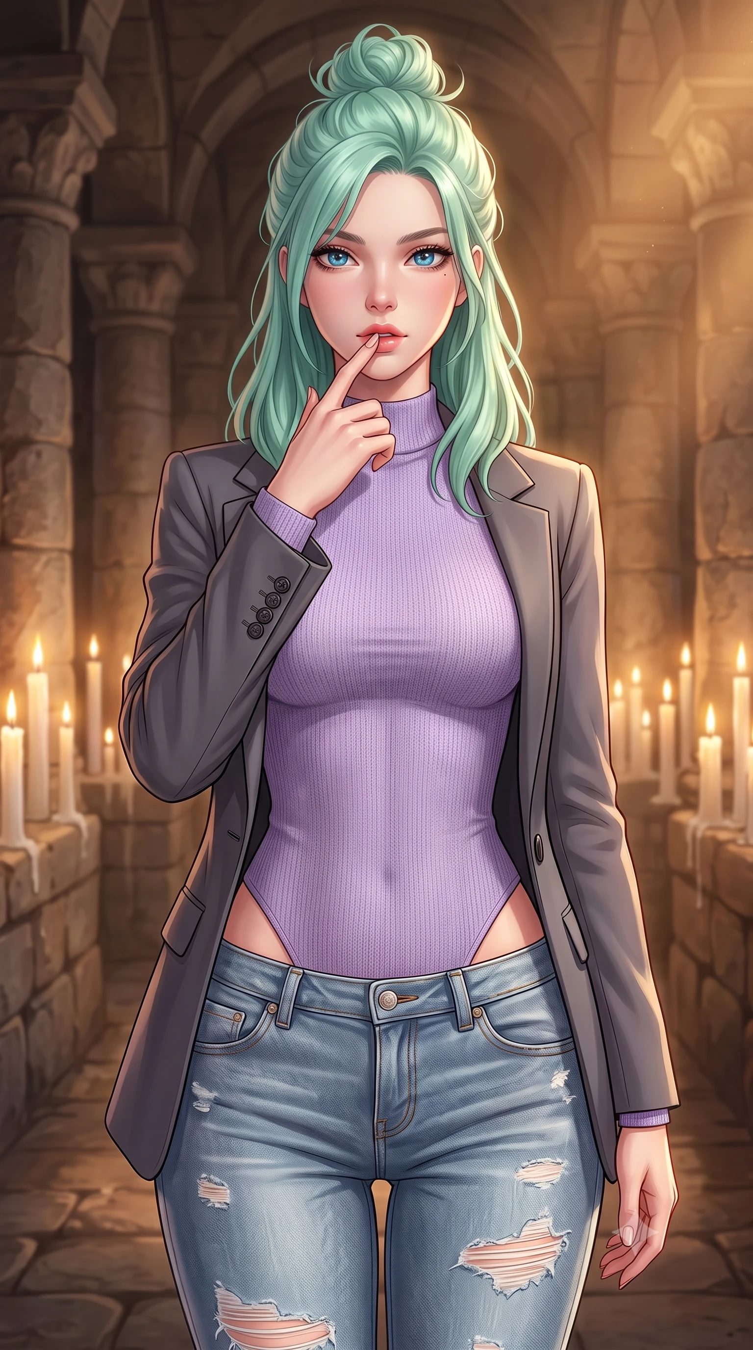 score_9, masterpiece, best quality, ultra-detailed, high-budget anime keyframe, editorial fashion photography, tasteful artistic composition, Japanese woman. close-up cowboy shot from the waist and thighs up, the character dominates the composition, filling the frame with her large presence, background elements kept in soft focus. pressing one finger to her bottom lip in a thoughtful, seductive gesture under the warm sun the background shows a soft-focus an ancient stone crypt hall lined with tall white candles flickering in the draft. She has an exceptionally elegant, slender, and willowy female figure with an ultra-slim waist, a gracefully sculpted slender torso, and a refined silhouette. sharp v-shaped jawline, high-bridge nose, intricate jewel-like eyes with depth, thick eyelashes, glossy lips with a natural sheen. wearing a form-contouring tight-fitting lavender knit bodysuit worn under a tailored open blazer and jeans. warm golden candle flames casting soft, dancing shadows. highly saturated vibrant anime colors, detailed shading with soft gradients, rich glossy textures, high-contrast stereoscopic depth, volumetric dynamic lighting, master piece, 9:16 ratio