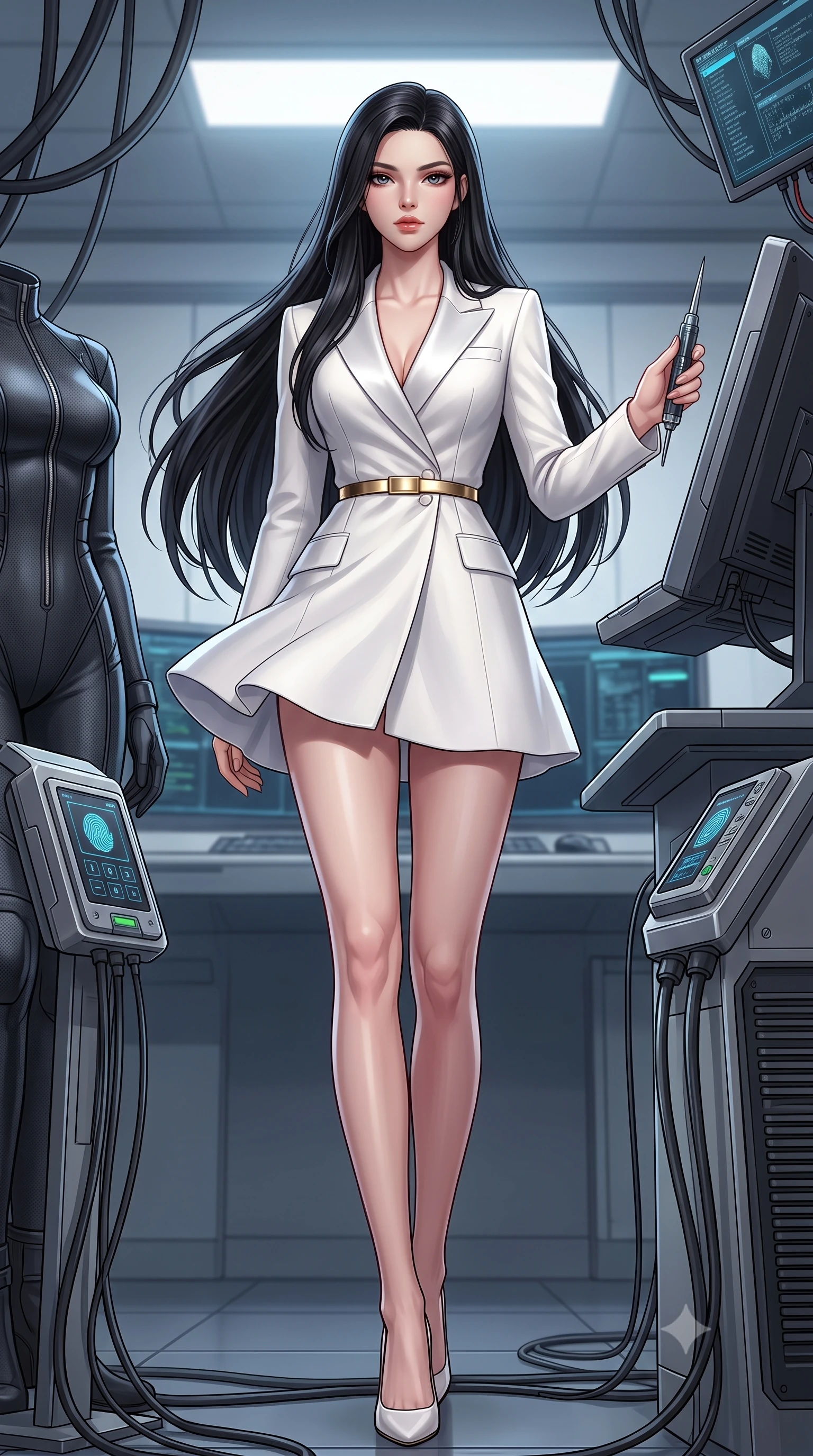 score_9, masterpiece, best quality, ultra-detailed, high-budget anime keyframe, semi-realistic 3D game render, editorial fashion photography, tasteful artistic composition, Korean woman. low angle full-body shot from head to toe showing her feet, filling the entire 9:16 vertical frame with her statuesque presence, stretching her vertical silhouette. executing an elegant mid-motion spin with effortless grace, her garments fluttering softly around her ultra-slim waistline while holding a high-tech data-extraction spike near a master console terminal with supreme operative confidence. The surrounding environment is rendered in vivid detail and crisp panoramic clarity. detailed tactical bodysuit seams, electronic keycard bypass devices, and data cables in high resolution. She has an absolutely perfect, statuesque 8.5-heads proportion, an exceptionally tall and slender model-like female figure with impossibly long slender legs, a toned flat midriff, and an ultra-slim waist. sharp v-shaped jawline, high-bridge nose, intricate jewel-like eyes with depth, thick eyelashes, glossy lips with a natural sheen, captivating and magnetic expression, flawlessly proportioned anatomical accuracy, strict slender model proportions, natural body alignment, perfectly sculpted long slender limbs, ultra-slim waistline, clean dynamic posture without body distortion. wearing a chic tailored white tuxedo jacket dress with satin lapels and an ultra-slim waist-cinching gold belt in pristine royal white and brushed gold, made of structured fine wool crepe and liquid silk satin, accessorized with a bold diamond choker and minimalist gold cuffs edition #22, the sleek tailored cut tightly hugging her graceful clavicle, narrow waist, and feminine curves with statuesque precision. surrounded by a deadly, sophisticated, and irresistibly alluring secret agent femme fatale aura. highly saturated vibrant anime colors, detailed shading with soft gradients, rich glossy textures, high-contrast stereoscopic depth, volumetric dynamic lighting, master piece, 9:16 ratio