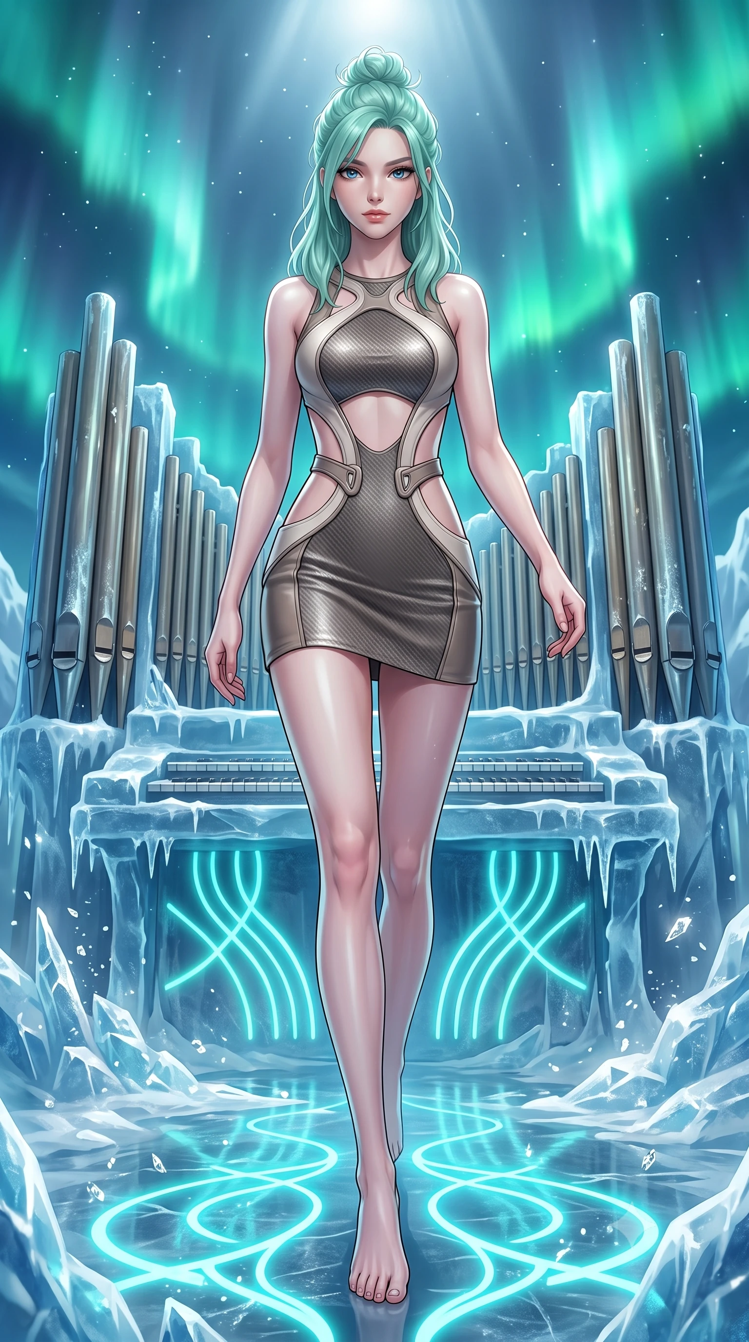 score_9, masterpiece, best quality, ultra-detailed, high-budget anime keyframe, editorial fashion photography, tasteful artistic composition, Japanese woman. low angle full-body shot from head to toe showing her feet, filling the entire 9:16 vertical frame with her statuesque presence, stretching her vertical silhouette. stepping forward in a proud dynamic stride, her vertical silhouette filling the frame with statuesque presence while leaping across a frozen pipe organ stage as cyan neon aria lights pulse rhythmically, glimmering ice crystals scattering crisp silver specular highlights everywhere. She has an absolutely perfect, statuesque 8.5-heads proportion, an exceptionally tall and slender model-like female figure with impossibly long slender legs and an ultra-slim waist. sharp v-shaped jawline, high-bridge nose, intricate jewel-like eyes with depth, thick eyelashes, glossy lips with a natural sheen, flawlessly proportioned anatomical accuracy, natural body alignment, perfectly sculpted elegant limbs, clean dynamic posture without body distortion. wearing a dramatic open-waist cutout mini dress framed by sculptural hardware in muted taupe and soft ivory, made of fine carbon-fiber weave and soft matte leather, featuring clean architectural cutouts along her slender torso, the sleek second-skin texture accentuating her magnetic presence. bathed in crisp silver moonlight and vivid cyan-green polar aurora backlighting. highly saturated vibrant anime colors, detailed shading with soft gradients, rich glossy textures, high-contrast stereoscopic depth, volumetric dynamic lighting, master piece, 9:16 ratio