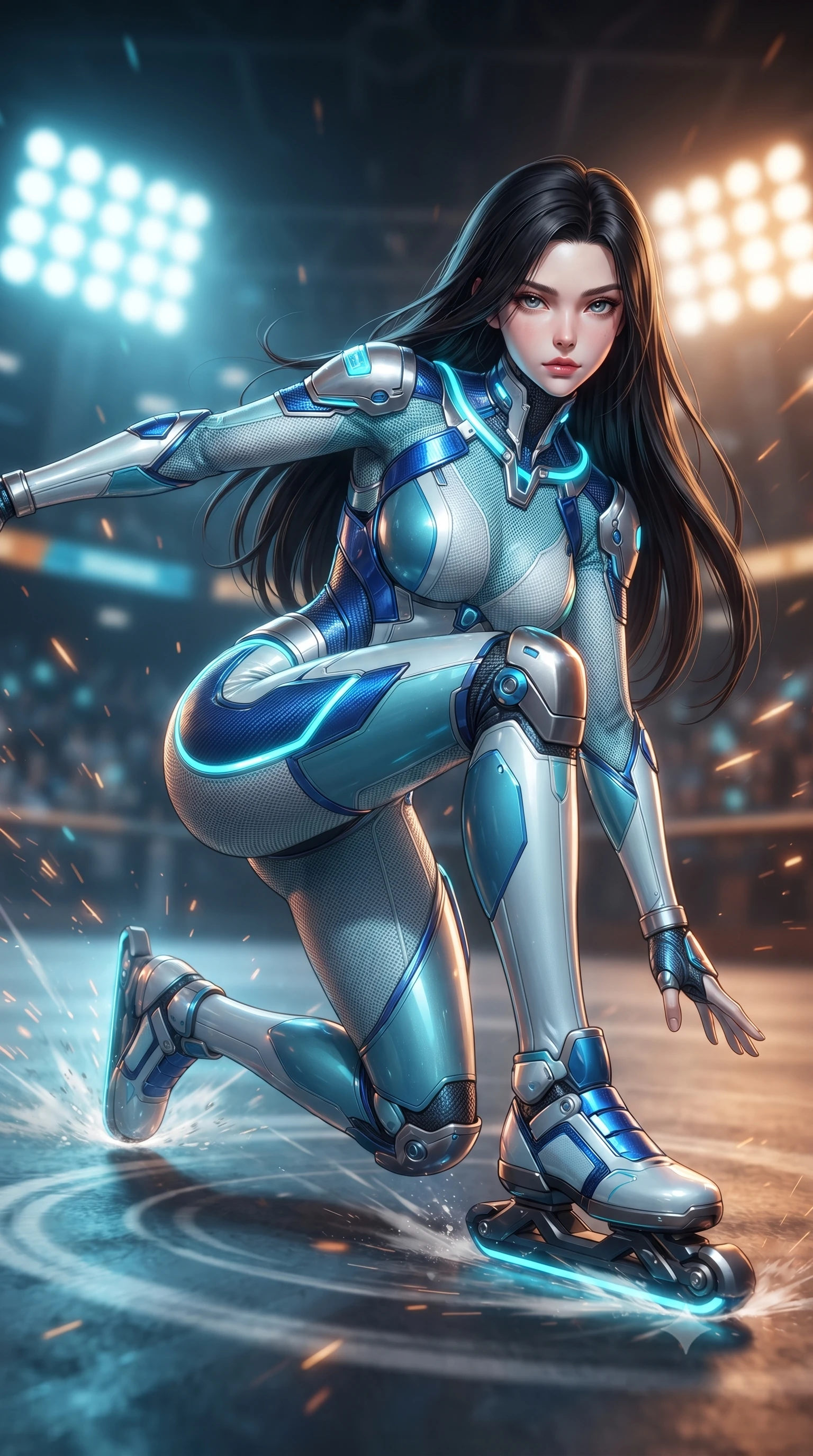 score_9, masterpiece, best quality, ultra-detailed, high-budget anime keyframe, editorial fashion photography, tasteful artistic composition, Korean woman. low angle full-body shot from head to toe showing her feet, filling the entire 9:16 vertical frame with her statuesque presence, stretching her vertical silhouette. landing gracefully from a high-altitude leap on one knee and palm, her statuesque silhouette framed by radial shockwave ripples in the ground while pivoting dynamically on high-speed magnetic skates, launching into a high kinetic jump above the roaring industrial arena. The composition keeps background elements in soft focus with creamy bokeh. massive industrial arena floodlights and streaking motorball sparks blurred into dazzling cyan, amber, and charcoal bokeh. She has an absolutely perfect, statuesque 8.5-heads proportion, an exceptionally tall and slender model-like female figure with impossibly long slender legs, a toned flat midriff, and an ultra-slim waist. sharp v-shaped jawline, high-bridge nose, intricate jewel-like eyes with depth, thick eyelashes, glossy lips with a natural sheen, flawlessly proportioned anatomical accuracy, strict slender model proportions, natural body alignment, perfectly sculpted long slender limbs, ultra-slim waistline, clean dynamic posture without body distortion. wearing an ultra-sleek glacial-cyan and white carbon-mesh combat bodysuit with frost-resistant kinetic shock-absorber plating in electric cobalt blue carbon with polished platinum trim, crafted from ultra-strong woven carbon-fiber composite with a satin luster, accented with glowing fiber-optic conduits tracing her collarbones and hip curves, the sleek second-skin cut tightly hugging her graceful clavicle, narrow waist, and feminine curves with athletic precision. bathed in vivid high-contrast amber and cyan arena floodlights with electric friction spark glints. ultra-reflective glossy finish, specular highlights, dark metallic sheen, high-contrast stereoscopic depth, volumetric dynamic lighting, 2k, ultra detail, master piece, 9:16 ratio