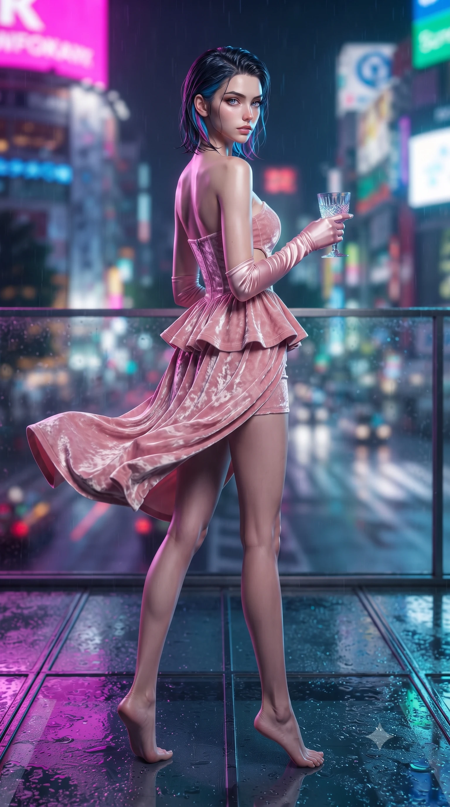 score_9, masterpiece, best quality, ultra-detailed, high-budget anime keyframe, editorial fashion photography, tasteful artistic composition, Caucasian woman. low angle full-body shot from head to toe showing her feet, filling the entire 9:16 vertical frame with her statuesque presence, stretching her vertical silhouette. executing an elegant mid-motion pivot turn as garments swirl around her slender limbs, glancing over her shoulder with an intoxicating bedroom-gaze while standing poised on the structural glass floor looking back over a bare shoulder, rain droplets glistening on the glass beneath her long slender legs. The composition keeps background elements in soft focus with creamy bokeh. swirling Tokyo neon traffic trails and digital billboard light grids blurred into electric magenta, cyan, and amber bokeh. She has an exceptionally tall and slender model-like 8.5-heads proportion, an ultra-slim waist, a flat toned midriff, narrow delicate ribcage, and beautifully sculpted feminine hips creating a graceful, slim hourglass silhouette without any bulky heaviness, with impossibly long slender legs. sharp v-shaped jawline, high-bridge nose, intricate jewel-like eyes with depth, thick eyelashes, glossy parted lips with a natural sheen, intensely captivating and seductive bedroom-eyes expression, flawlessly proportioned anatomical accuracy, strict slender model proportions, natural body alignment, perfectly sculpted long slender limbs, ultra-slim waistline, clean dynamic posture without body distortion. wearing a modern peplum corset dress with side-waist diamond cutouts and an ultra-tight silhouette in sakura blossom pink and warm ivory, crafted from heavyweight crushed silk velvet with liquid vintage luster, accessorized with opera-length satin gloves and a vintage crystal glass, the glove-like aerodynamic silhouette tightly following the natural contour of her hips and long slender legs with statuesque 8.5-heads elegance. bathed in vibrant magenta and electric cyan neon underlights contrasting with cool night sky ambient fill. ultra-reflective glossy finish, specular highlights, rich textural contrasts, high-contrast stereoscopic depth, volumetric dynamic lighting, 2k, ultra detail, master piece, 9:16 ratio