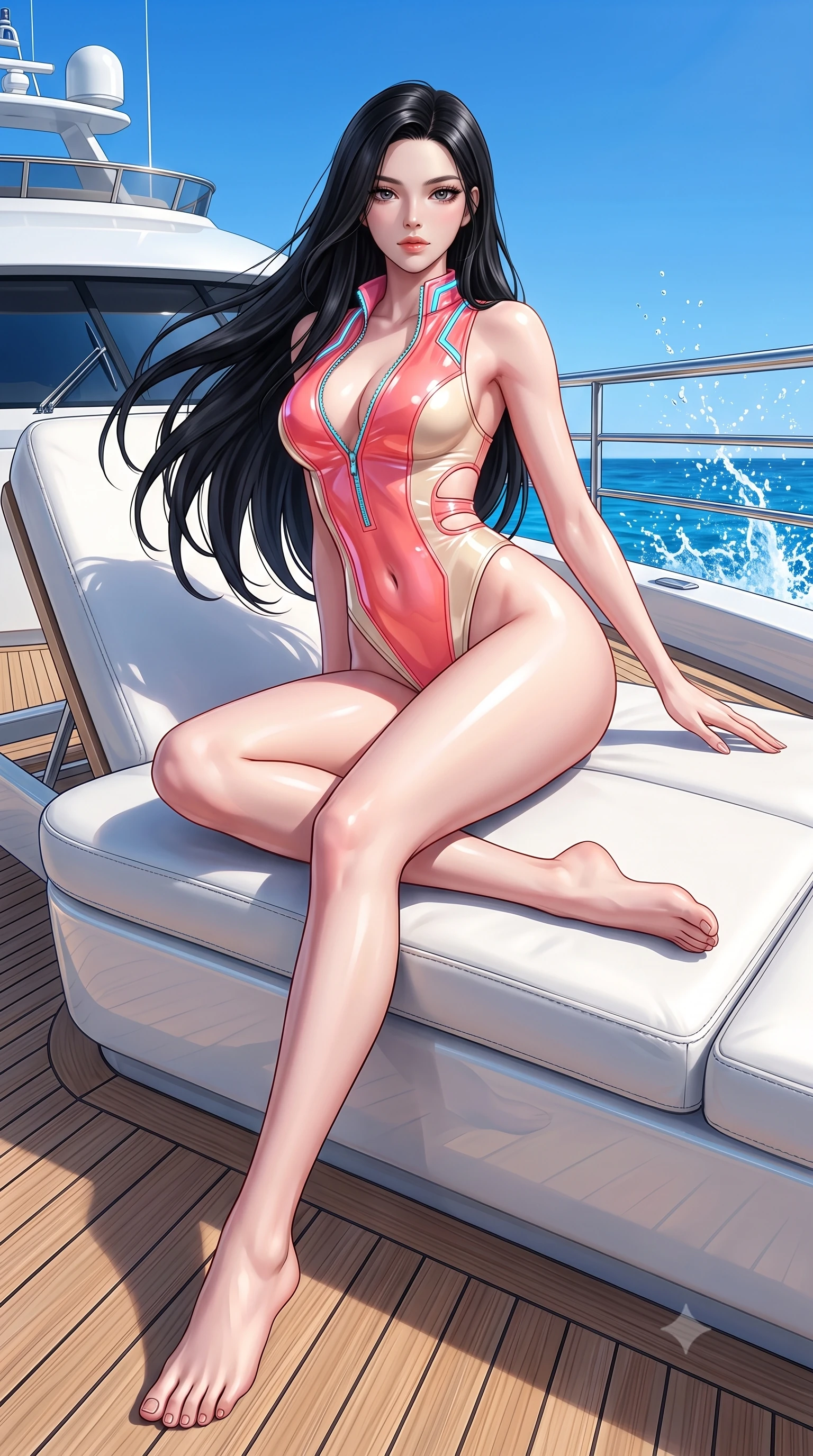 score_9, masterpiece, best quality, ultra-detailed, high-budget anime keyframe, semi-realistic 3D game render, editorial fashion photography, tasteful artistic composition, Korean woman. low angle full-body shot from head to toe showing her feet, filling the entire 9:16 vertical frame with her statuesque presence, stretching her vertical silhouette. arching her back in a fluid zero-gravity turn with sovereign grace, her long slender legs and sculpted torso creating a sweeping line while lounging seductively across a custom white leather sunbed on the teak deck of a luxury yacht under brilliant sun. The surrounding environment is rendered in vivid detail and crisp panoramic clarity. sharp splashing sea spray droplets, white leather sunbed seams, and cloudless sky in high clarity. She has an absolutely perfect, statuesque 8.5-heads proportion, an exceptionally tall and slender model-like female figure with impossibly long slender legs, a toned flat midriff, and an ultra-slim waist. sharp v-shaped jawline, high-bridge nose, intricate jewel-like eyes with depth, thick eyelashes, glossy lips with a natural sheen, flawlessly proportioned anatomical accuracy, strict slender model proportions, natural body alignment, perfectly sculpted long slender limbs, ultra-slim waistline, clean dynamic posture without body distortion. wearing a high-cut translucent vinyl leotard with front paneling, exposed side-rib cutouts, and an open back in radiant coral pink and champagne ivory, crafted from ultra-reflective second-skin latex with a high-gloss glass-like polish, featuring a dangerously unzipped neckline framed by glowing cybernetic accents, the precision-cut daring openings accentuating her delicate midriff, graceful bare collarbones, and ultra-slim feminine waistline. surrounded by an exclusive, sun-drenched, and unapologetically glamorous superyacht luxury aura. highly saturated vibrant anime colors, detailed shading with soft gradients, rich glossy textures, high-contrast stereoscopic depth, volumetric dynamic lighting, master piece, 9:16 ratio