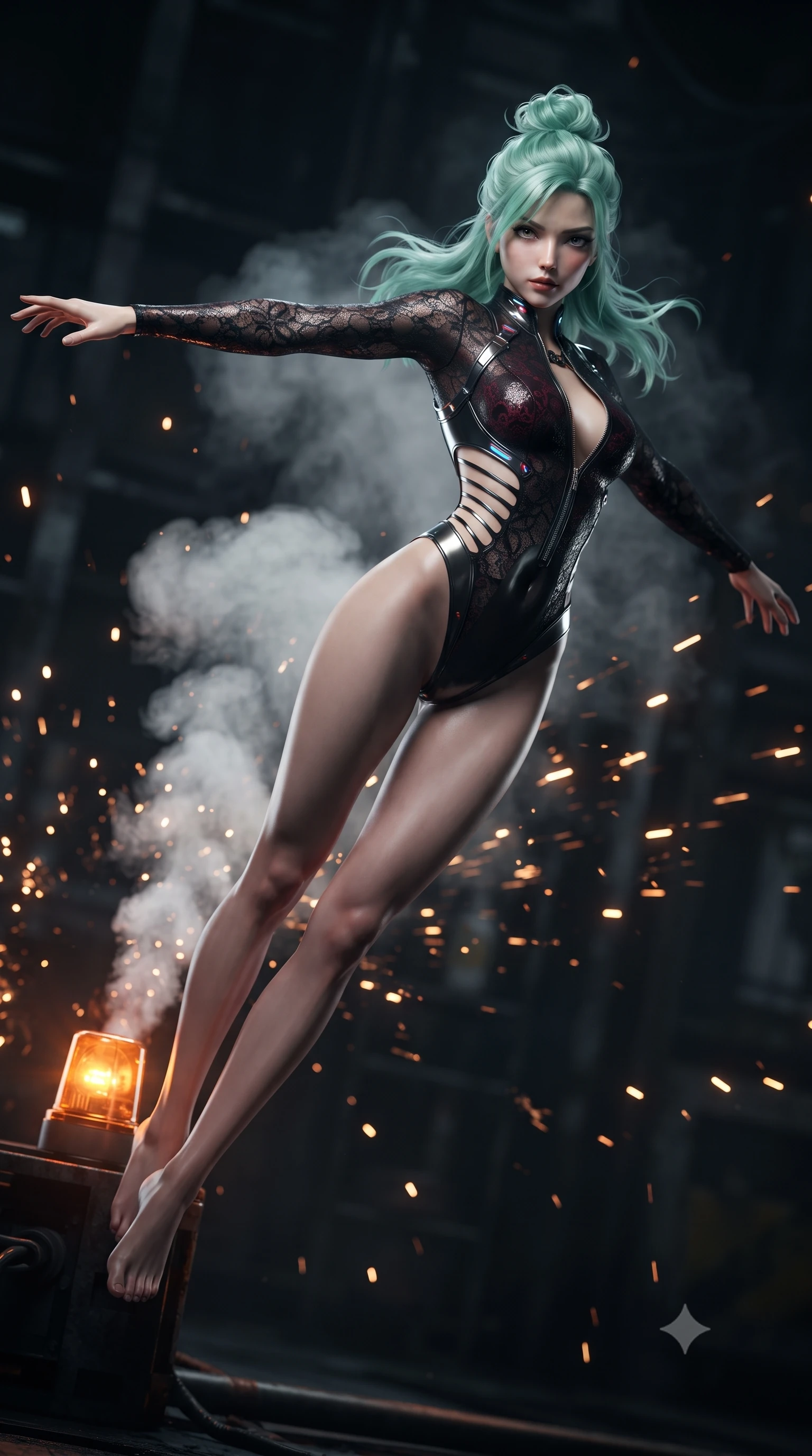 score_9, masterpiece, best quality, ultra-detailed, high-budget anime keyframe, editorial fashion photography, tasteful artistic composition, Japanese woman. low angle full-body shot from head to toe showing her feet, filling the entire 9:16 vertical frame with her statuesque presence, stretching her vertical silhouette. performing an alluring mid-air vault with flawless poise, looking directly into the camera with smoldering, predatory intensity while pivoting dynamically near a sputtering orange warning light as high-pressure steam geysers erupt behind her. The composition keeps background elements in soft focus with creamy bokeh. sparks from severed conduits scattering glowing light motes across a dark industrial backdrop. She has an absolutely perfect, statuesque 8.5-heads proportion, an exceptionally tall and slender model-like female figure with impossibly long slender legs, a toned flat midriff, and an ultra-slim waist. sharp v-shaped jawline, high-bridge nose, intricate jewel-like eyes with depth, thick eyelashes, glossy lips with a natural sheen, flawlessly proportioned anatomical accuracy, strict slender model proportions, natural body alignment, perfectly sculpted long slender limbs, ultra-slim waistline, clean dynamic posture without body distortion. wearing a skin-tight cyber-noir tech bodysuit featuring diagonal slitted cutouts on the midriff, a high-cut leg line, and a metallic chrome harness in midnight onyx black and deep blood crimson, crafted from delicate dark lace interwoven with luminescent micro-fibers, featuring a dangerously unzipped neckline framed by subtle glowing cybernetic accents, the precision-cut daring openings accentuating her delicate midriff, graceful bare collarbones, and ultra-slim feminine waistline. surrounded by a gritty, rebellious, and fiercely provocative cyber-underworld queen aura. ultra-reflective glossy finish, specular highlights, dark metallic sheen, deep chiaroscuro contrast, volumetric dynamic shadow lighting, 2k, ultra detail, master piece, 9:16 ratio