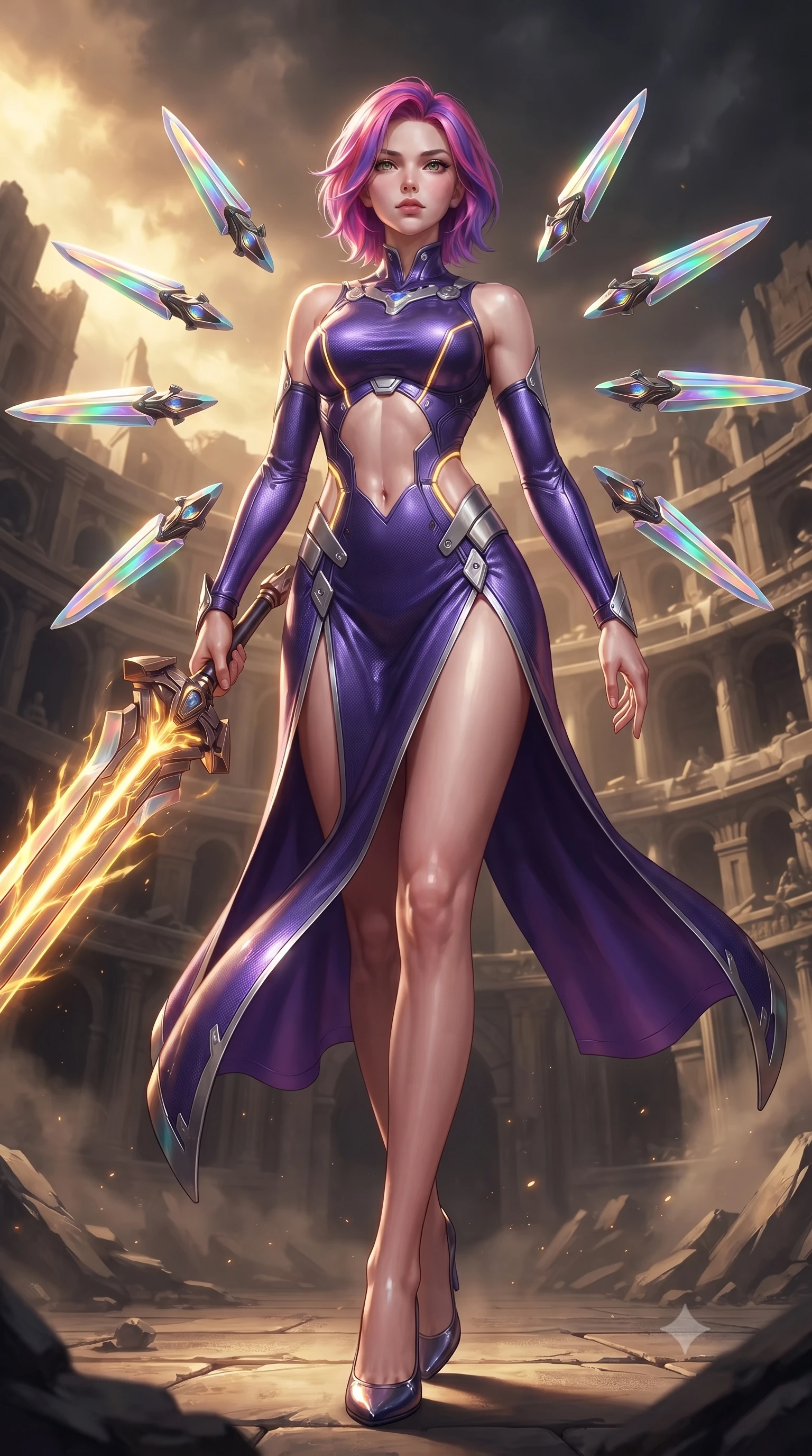 score_9, masterpiece, best quality, ultra-detailed, high-budget anime keyframe, editorial fashion photography, tasteful artistic composition, Caucasian woman. low angle full-body shot from head to toe showing her feet, filling the entire 9:16 vertical frame with her statuesque presence, stretching her vertical silhouette. striding forward with commanding supermodel grace, weapon held at the ready, her 8.5-heads statuesque silhouette dominating the vertical frame from head to toe while arching her spine in a fluid motion as glowing golden energy channels along the broad blade illuminate her sculpted torso. The surrounding environment is rendered in vivid detail and crisp panoramic clarity. dramatic warrior chiaroscuro and monumental ruined arena architecture rendered in panoramic precision. She has an absolutely perfect, statuesque 8.5-heads proportion, an exceptionally tall and slender model-like female figure with impossibly long slender legs, a toned flat midriff, and an ultra-slim waist. sharp v-shaped jawline, high-bridge nose, intricate jewel-like eyes with depth, thick eyelashes, glossy lips with a natural sheen, flawlessly proportioned anatomical accuracy, strict slender model proportions, natural body alignment, perfectly sculpted long slender limbs, ultra-slim waistline, clean dynamic posture without body distortion. wearing a precision-fitted royal purple carbon-fiber battle-dress with high-slit tactical skirt and silver accents, directing eight floating nano-crystal funnel blades with sovereign gestures in high-gloss iridescent rainbow carbon with prism holographic sheen, made of liquid carbon-jersey fabric adhering flawlessly to her sculpted silhouette, accented with glowing fiber-optic conduits tracing her collarbones and hip curves, the precision-cut daring openings accentuating her delicate midriff, graceful bare collarbones, and ultra-slim feminine waistline. bathed in warm golden arena searchlights and glowing greatsword energy channel radiance. ultra-reflective glossy finish, specular highlights, dark metallic sheen, high-contrast stereoscopic depth, volumetric dynamic lighting, 2k, ultra detail, master piece, 9:16 ratio
