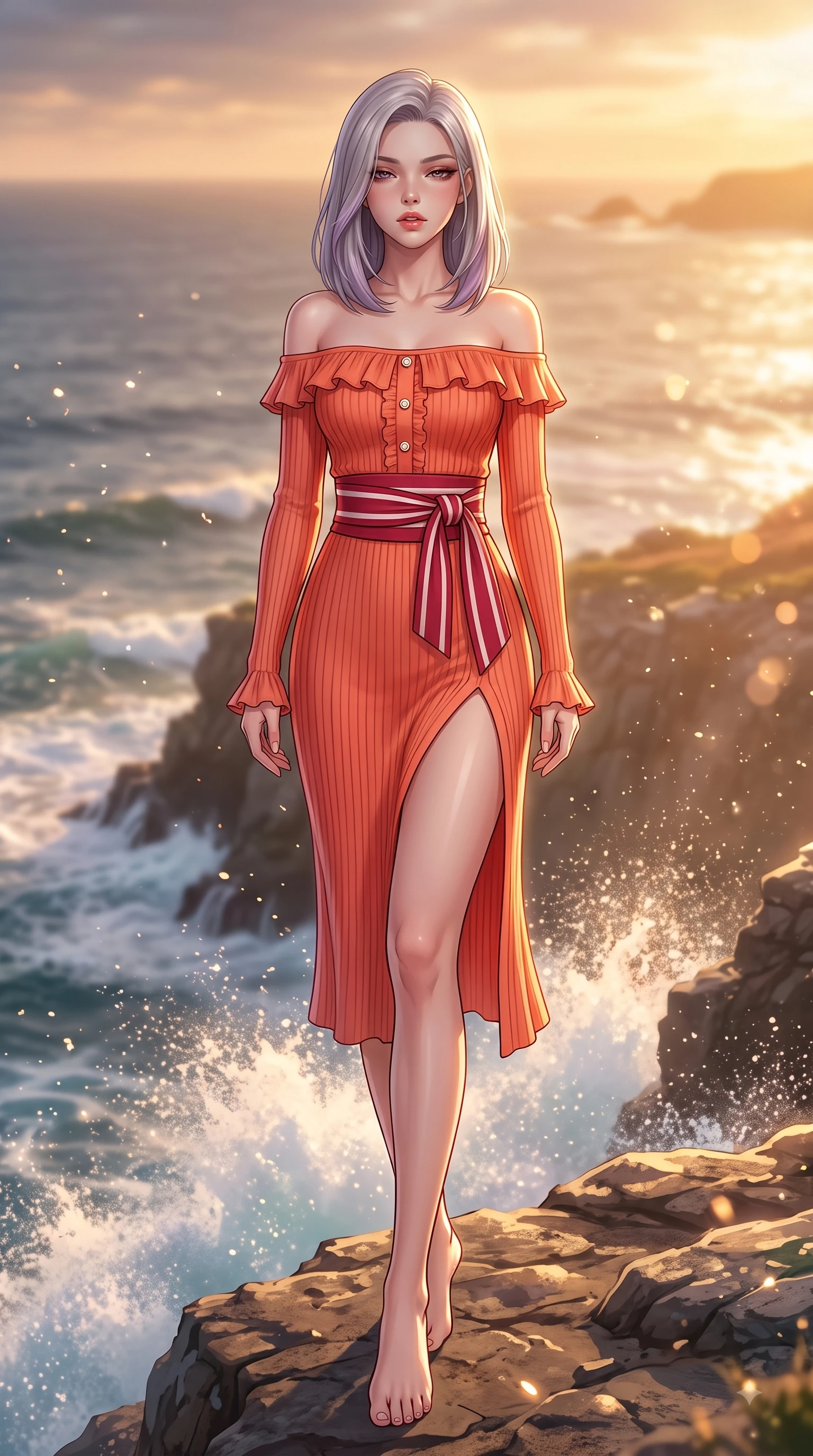 score_9, masterpiece, best quality, ultra-detailed, high-budget anime keyframe, editorial fashion photography, tasteful artistic composition, Caucasian woman. low angle full-body shot from head to toe showing her feet, filling the entire 9:16 vertical frame with her statuesque presence, stretching her vertical silhouette. Sensual alluring expression with smoldering intensity, half-closed bedroom eyes, and softly parted glossy lips while standing dramatically on a seaside cliff edge as golden sunset light paints the crashing ocean waves. The composition keeps background elements in soft focus with dreamy bokeh. sea spray mist particles scattering warm sunset light into a soft backdrop. She has an absolutely perfect, statuesque 8.5-heads proportion, an exceptionally tall and slender model-like female figure with impossibly long slender legs and an ultra-slim waist. sharp v-shaped jawline, high-bridge nose, intricate jewel-like eyes with depth, thick eyelashes, glossy lips with a natural sheen, flawlessly proportioned anatomical accuracy, natural body alignment, perfectly sculpted elegant limbs, clean dynamic posture without body distortion. wearing a bold coral orange off-shoulder ribbed knit dress with a fitted waist belt in vibrant crimson red and crisp snow white, crafted from soft breathable Italian linen, accented with delicate pearl buttons and refined ruffle trims, the chic fashion cut framing her graceful clavicle and slender torso. bathed in glorious golden hour sunset backlighting and sparkling ocean refractions. highly saturated vibrant anime colors, detailed shading with soft gradients, rich glossy textures, high-contrast stereoscopic depth, volumetric dynamic lighting, master piece, 9:16 ratio