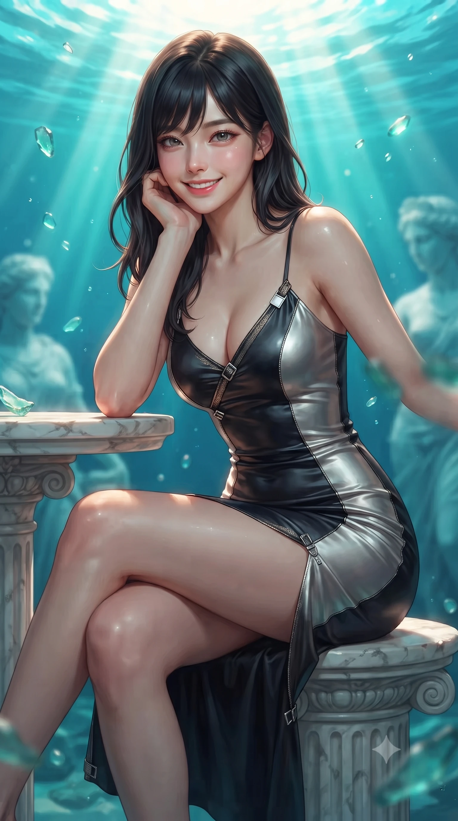 score_9, masterpiece, best quality, ultra-detailed, high-budget anime keyframe, editorial fashion photography, tasteful artistic composition, Korean woman. close-up cowboy shot from the waist and thighs up, the character dominates the composition, filling the frame with her large presence. resting one elbow on the table and supporting her chin, leaning close to the camera with heavy-lidded sparkling eyes and parted lips while sitting gracefully on the dry marble pedestal with legs crossed, flashing a radiant smile with parted glossy lips. The background shows a soft-focus brilliant volumetric sunbeams penetrating 20 meters of pristine turquoise water, drifting sea glass fragments, and submerged classical statues blurred into topaz, cyan, and pearl bokeh. She has an exceptionally elegant, slender, and willowy female figure with an ultra-slim waist, flat toned midriff, narrow ribcage, and sculpted feminine hips creating an alluring, slim hourglass silhouette without bulk. sharp v-shaped jawline, high-bridge nose, intricate jewel-like sparkling eyes with depth, thick eyelashes, glossy parted lips with a natural peach sheen, bright cheerful beaming smile with an enchanting and coquettish sensual glint, exuding both youthful cute charm and seductive allure, flawlessly proportioned anatomical accuracy, strict slender model proportions, natural body alignment, perfectly sculpted long slender limbs, ultra-slim waistline, clean dynamic posture without body distortion. wearing a sculpted liquid satin bias-cut slip dress tailored with contouring seams that adhere flawlessly over her curves in deep obsidian black and liquid molten platinum, tailored from high-density tech-wool with subtle metallic thread weave, finished with sleek magnetic buckle closures fluttering in the breeze, the second-skin tailored fabric adhering flawlessly to her sculpted flat midriff and slender torso, emphasizing her long leg lines and perfectly proportioned willowy build. bathed in blinding warm golden midday sunbeams slicing through cool turquoise water. ultra-reflective glossy finish, specular highlights, rich textural contrasts, high-contrast stereoscopic depth, volumetric dynamic lighting, 2k, ultra detail, master piece, 9:16 ratio
