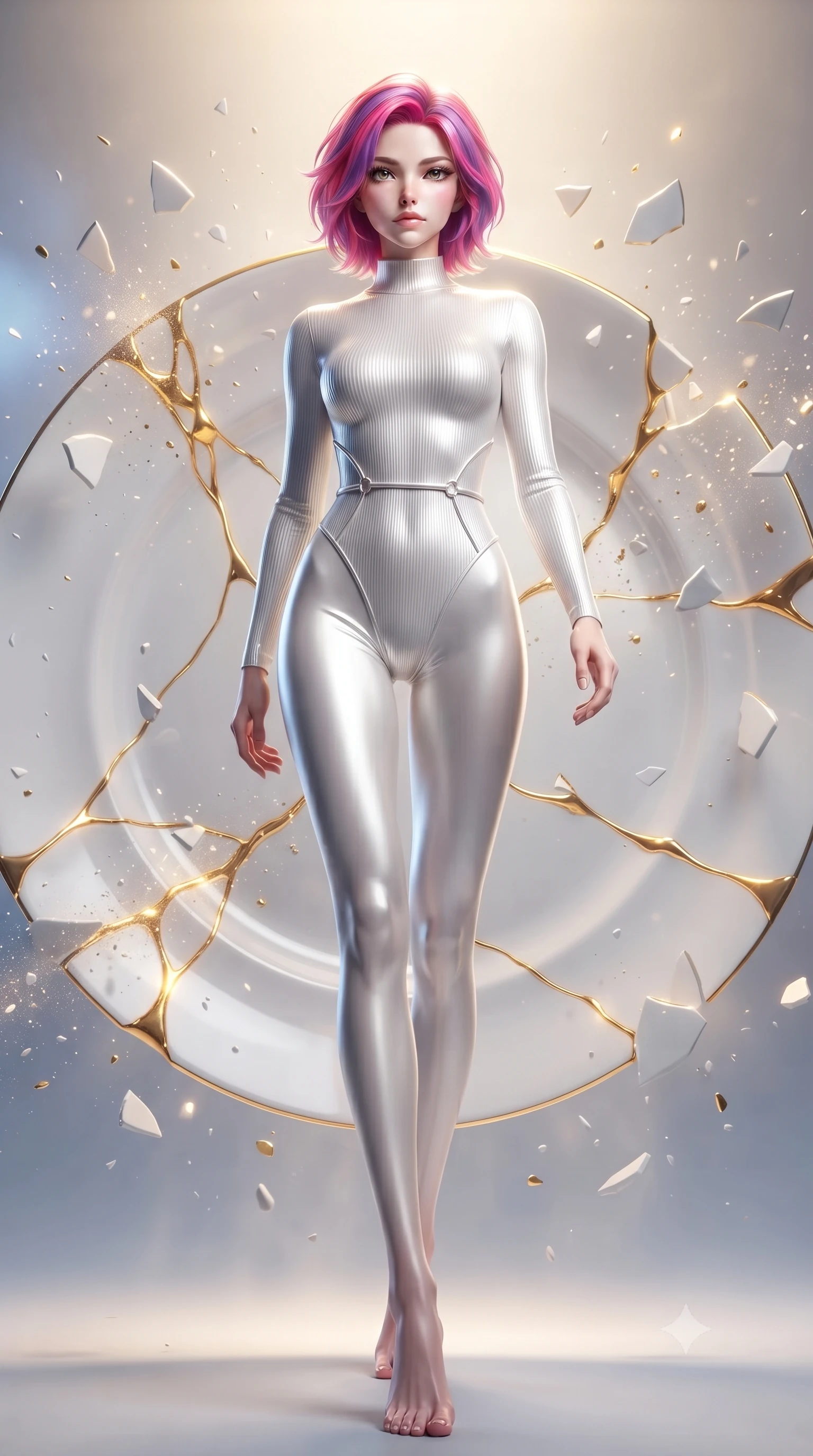score_9, masterpiece, best quality, ultra-detailed, high-budget anime keyframe, editorial fashion photography, tasteful artistic composition, Caucasian woman. low angle full-body shot from head to toe showing her feet, filling the entire 9:16 vertical frame with her statuesque presence, stretching her vertical silhouette. stepping gracefully through the radiant environment, stretching her statuesque silhouette, standing before a giant porcelain ceramic plate joined with liquid golden kintsugi veins, shattered porcelain shards suspended gracefully in zero-gravity. She has an absolutely perfect, statuesque 8.5-heads proportion, an exceptionally tall and slender model-like female figure with impossibly long slender legs and an ultra-slim waist. sharp v-shaped jawline, high-bridge nose, intricate jewel-like eyes with depth, thick eyelashes, glossy lips with a natural sheen. wearing sleek high-neck ribbed activewear bodysuit in pearl white in champagne gold, made of liquid mercury jersey, adorned with minimalist pearl hardware framing the waistline, contouring every curve with an exceptionally elegant silhouette. surrounded by a soft radiant inner glow and crisp metallic gold highlights. ultra-reflective glossy finish, specular highlights, metallic sheen, high-contrast stereoscopic depth, volumetric dynamic lighting, 2k, ultra detail, master piece, 9:16 ratio