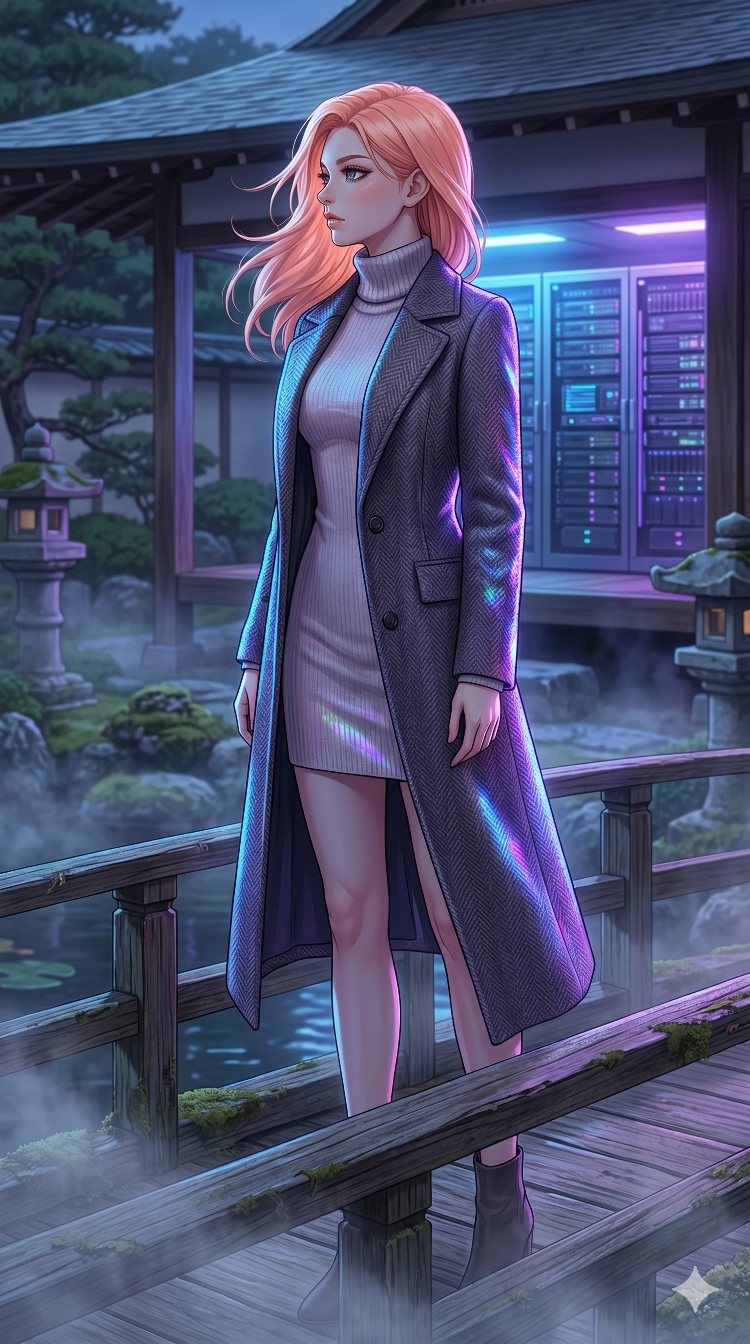 score_9, masterpiece, best quality, ultra-detailed, high-budget anime keyframe, editorial fashion photography, tasteful artistic composition, Japanese woman. cowboy shot from the thighs up, character and outfit filling the frame for maximum editorial presence. standing tall, her face turned in profile to catch the wind, with a composed expression on a wooden bridge in a traditional Japanese garden with mist rising (Code-P17-036). She has an absolutely perfect 8-heads proportion, an exceptionally tall and slender female figure with impossibly long slender legs and an ultra-slim waist. V-shaped jawline, high-bridge nose, intricate jewel-like eyes with depth, thick eyelashes, glossy lips with a natural sheen. wearing a cozy high-neck turtleneck dress under a long tailored wool coat. neon blue and violet light from the servers casting sharp specular highlights on her outfit. 2k, ultra detail, master piece, 9:16 ratio