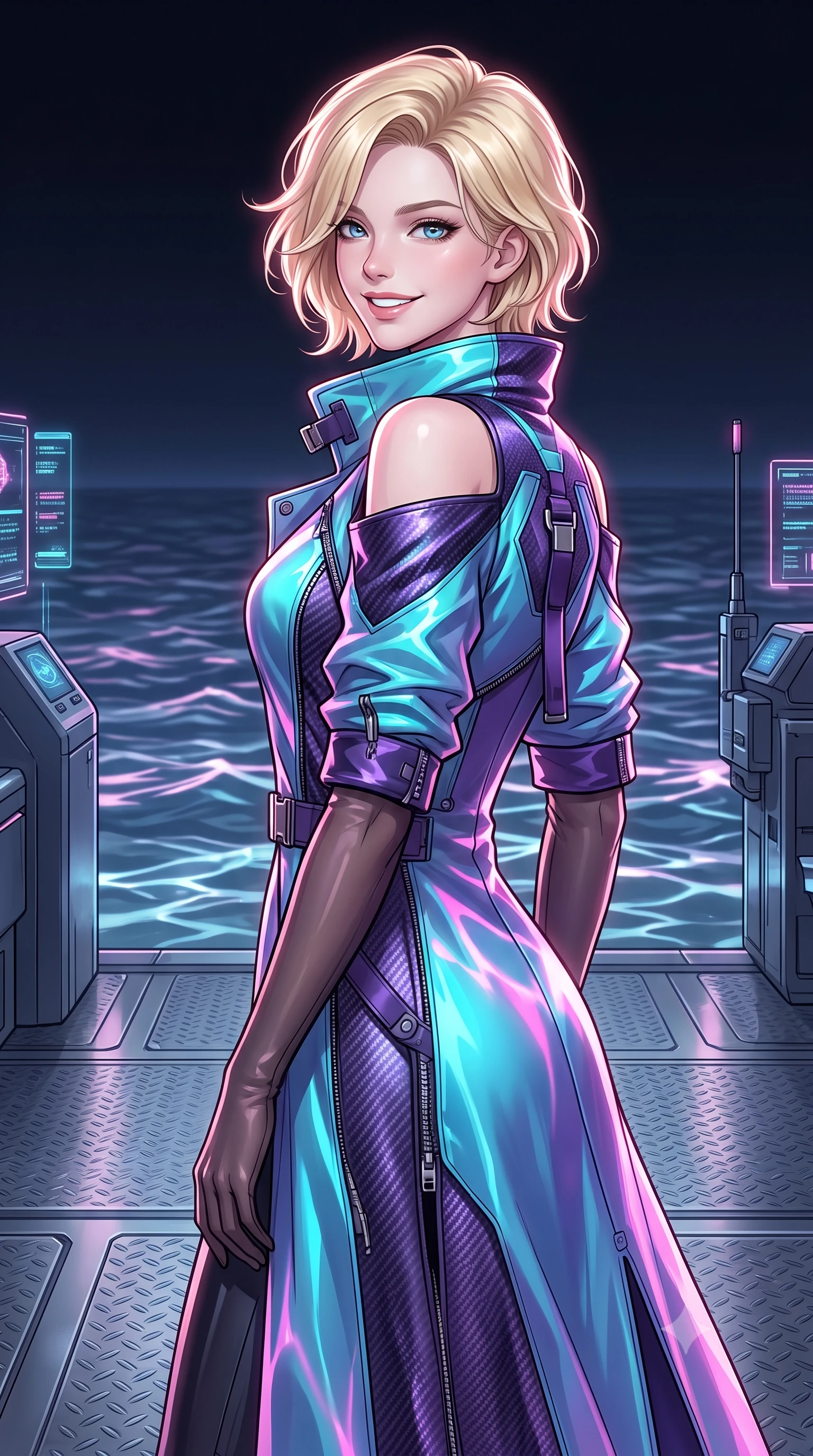 score_9, masterpiece, best quality, ultra-detailed, high-budget anime keyframe, editorial fashion photography, tasteful artistic composition, Caucasian woman. close-up cowboy shot from the waist and thighs up, the character dominates the composition, filling the frame with her large presence. posing in an alluring rear three-quarter angle, looking over a bare shoulder with parted glossy lips, her hips cocked back to highlight her slim hourglass curve while twisting her slender torso in an alluring contrapposto stance, chromatic pink-and-cyan ocean caustics painting fluid light ribbons across her narrow waist and hips. The surrounding environment is rendered in vivid detail and crisp panoramic clarity: sharp brushed titanium deck plates, crystalline chromatic ocean wave ripples, and futuristic scientific sensor arrays in deep focus. She has an exceptionally elegant, slender, and willowy female figure with an ultra-slim waist, flat toned midriff, narrow ribcage, and sculpted feminine hips creating an alluring, slim hourglass silhouette without bulk. sharp v-shaped jawline, high-bridge nose, intricate jewel-like sparkling eyes with depth, thick eyelashes, glossy parted lips with a natural peach sheen, bright cheerful beaming smile with an enchanting and coquettish sensual glint, exuding both youthful cute charm and seductive allure, flawlessly proportioned anatomical accuracy, strict slender model proportions, natural body alignment, perfectly sculpted long slender limbs, ultra-slim waistline, clean dynamic posture without body distortion. wearing a tailored high-collar cyberpunk tech-trench coat with magnetic buckle closures and wide storm flaps in Cheonggyecheon neon aqua and ultraviolet amethyst, woven from structured carbon-fiber jacquard with rich textural depth, complemented by sheer opera-length evening gloves tracing her slender arms, the bespoke structured tailoring following the natural line of her 8.5-heads silhouette with refined elegance. illuminated by chromatic liquid ocean reflection bounce and sharp rose-gold rim lights sculpting her razor-sharp jawline, narrow waist, and curvy hips. ultra-reflective glossy finish, specular highlights, rich textural contrasts, high-contrast stereoscopic depth, volumetric dynamic lighting, 2k, ultra detail, master piece, 9:16 ratio