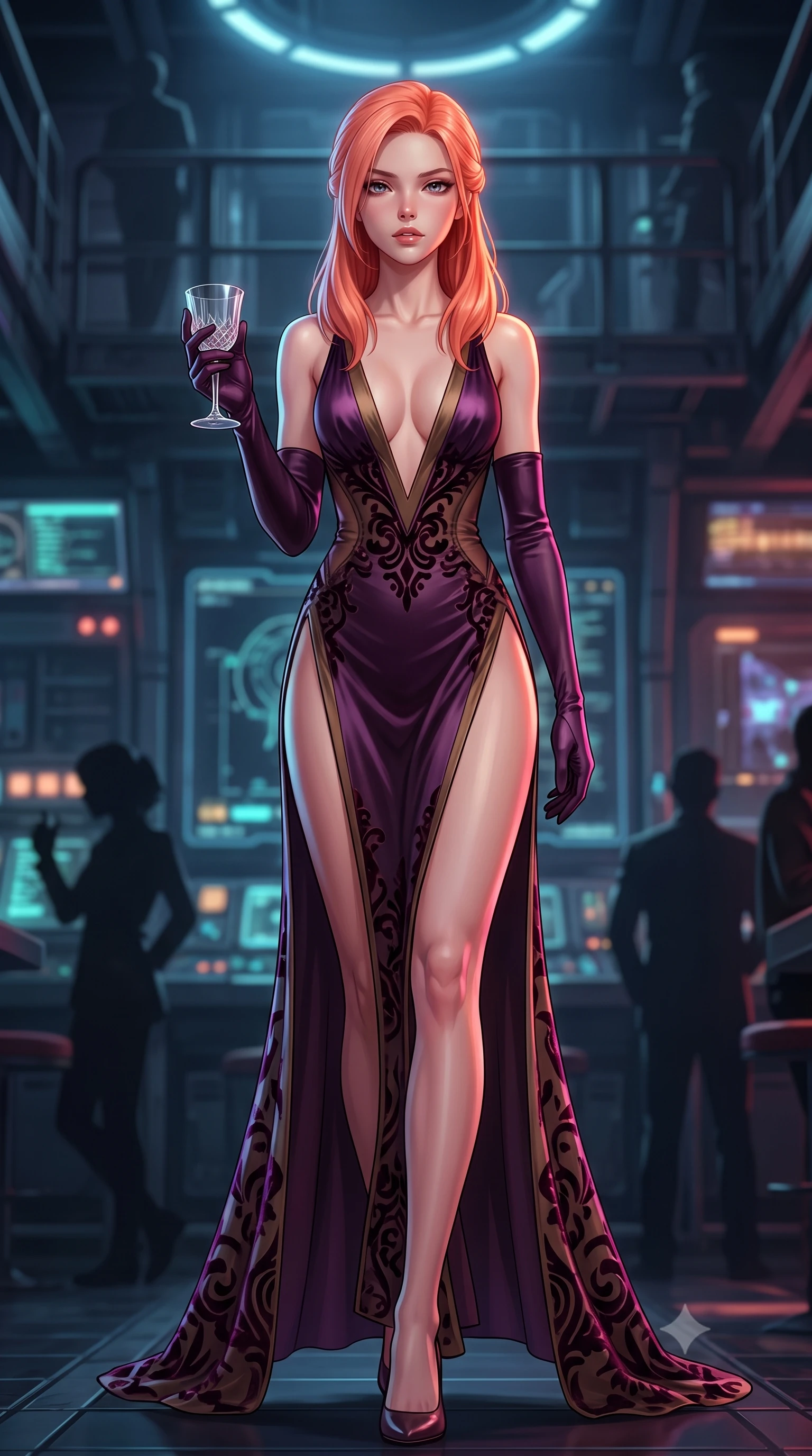 score_9, masterpiece, best quality, ultra-detailed, high-budget anime keyframe, semi-realistic 3D game render, editorial fashion photography, tasteful artistic composition, Japanese woman. low angle full-body shot from head to toe showing her feet, filling the entire 9:16 vertical frame with her statuesque presence, stretching her vertical silhouette. striding forward in a proud supermodel runway stride, hips swaying in an alluring kinetic rhythm that accentuates her curvy hourglass silhouette while reclining on a tufted purple velvet circular booth propped on one elbow, her slender waist and curved hips sculpted by neon chiaroscuro. The composition keeps background elements in soft focus with creamy bokeh. high-tech bar gantries and dark leather booth silhouettes softened in moody cyberpunk shallow focus. She has an exceptionally tall and slender model-like 8.5-heads proportion, an ultra-slim waist, a flat toned midriff, narrow delicate ribcage, and beautifully sculpted feminine hips creating a graceful, slim hourglass silhouette without any bulky heaviness, with impossibly long slender legs. sharp v-shaped jawline, high-bridge nose, intricate jewel-like eyes with depth, thick eyelashes, glossy parted lips with a natural sheen, intensely captivating and seductive bedroom-eyes expression, flawlessly proportioned anatomical accuracy, strict slender model proportions, natural body alignment, perfectly sculpted long slender limbs, ultra-slim waistline, clean dynamic posture without body distortion. wearing a plunging-V neckline duchess satin gown with high side slits ascending to the high hip in deep plum violet and antique bronze, made of sheer contouring power-mesh with velvet flocking patterns, accessorized with opera-length satin gloves and a vintage crystal glass, the second-skin form-contouring cut accentuating her sculpted flat midriff, narrow delicate ribcage, and gracefully curvy hips with supermodel precision. illuminated by crisp directional edge lights defining her sculpted clavicle, flat midriff, and rounded hips. highly saturated vibrant anime colors, detailed shading with soft gradients, rich glossy textures, high-contrast stereoscopic depth, volumetric dynamic lighting, master piece, 9:16 ratio