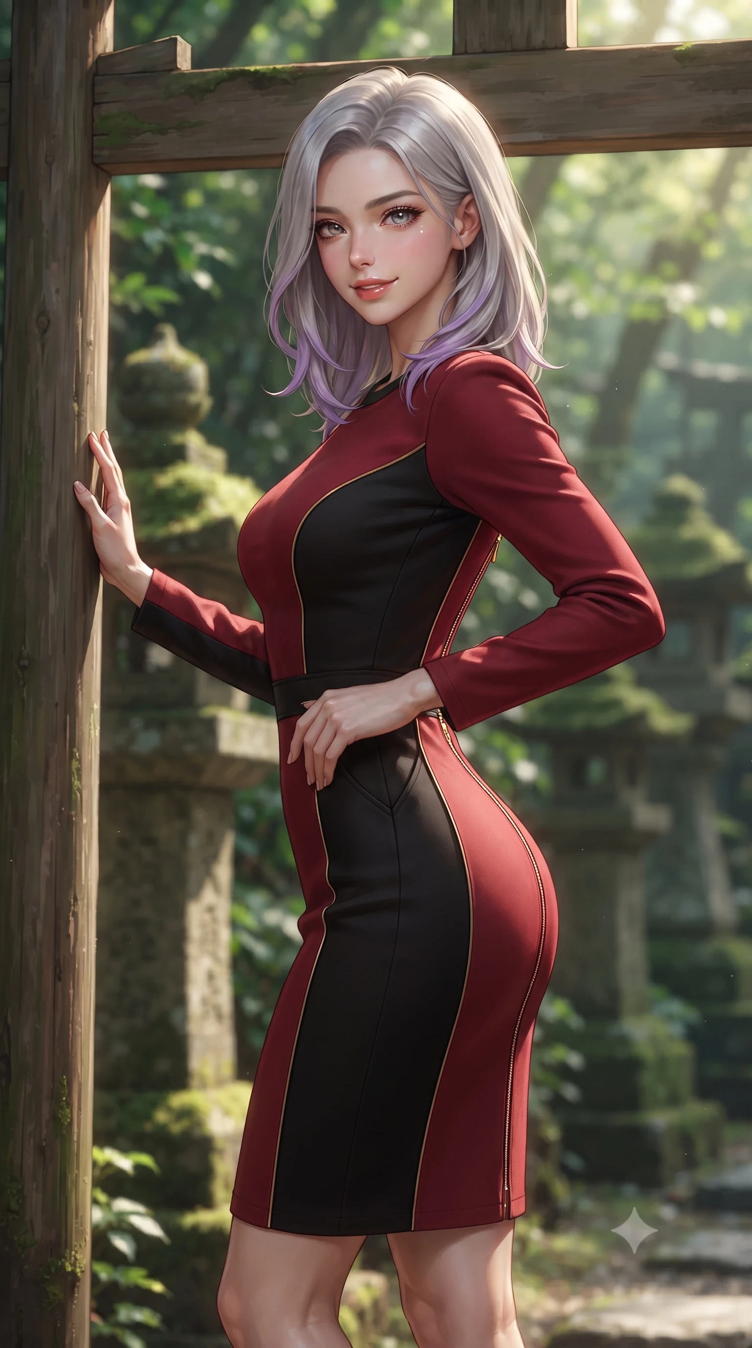 score_9, masterpiece, best quality, ultra-detailed, high-budget anime keyframe, editorial fashion photography, tasteful artistic composition, Caucasian woman. close-up cowboy shot from the waist and thighs up, the character dominates the composition, filling the frame with her large presence. standing poised with hips cocked slightly to the side, one hand tracing her cinched waistline while casting an affectionate warm glance while pausing beside a weathered wooden torii gate entrance, one hand resting on the cedar post with timeless Kyoto charm. The background shows a soft-focus ancient mossy stone lanterns softened in mystical Japanese natural sanctuary shallow focus. She has an exceptionally elegant, slender, and willowy female figure with an ultra-slim waist, flat toned midriff, narrow ribcage, and sculpted feminine hips creating an alluring, slim hourglass silhouette without bulk. sharp v-shaped jawline, high-bridge nose, intricate jewel-like sparkling eyes with depth, thick eyelashes, glossy parted lips with a natural peach sheen, bright cheerful beaming smile with an enchanting and coquettish sensual glint, exuding both youthful cute charm and seductive allure, flawlessly proportioned anatomical accuracy, strict slender model proportions, natural body alignment, perfectly sculpted long slender limbs, ultra-slim waistline, clean dynamic posture without body distortion. wearing a sculpted double-faced wool knit dress with sleek architectural seam lines accentuating her flat midriff and feminine hips in Kyoto autumn maple crimson and deep ink black, tailored from premium double-knit ponte with sleek sculpting hold and smooth contours, featuring fine gold zipper details tracing the vertical spine and contour seams, the snug waist-cinching tailoring accentuating her ultra-slim waistline and the enchanting curve of her feminine hips with alluring seductive charm. illuminated by soft green foliage bounce and crisp jade-gold rim lights sculpting her razor-sharp jawline and tall willowy frame. ultra-reflective glossy finish, specular highlights, rich textural contrasts, high-contrast stereoscopic depth, volumetric dynamic lighting, 2k, ultra detail, master piece, 9:16 ratio