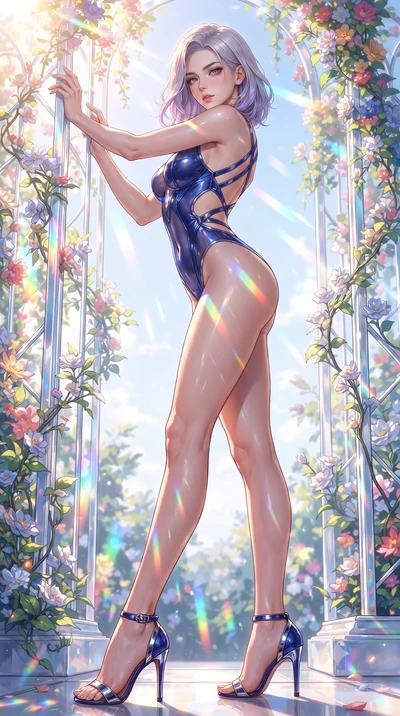score_9, masterpiece, best quality, ultra-detailed, high-budget anime keyframe, editorial fashion photography, tasteful artistic composition, Caucasian woman. low angle full-body shot from head to toe showing her feet, filling the entire 9:16 vertica