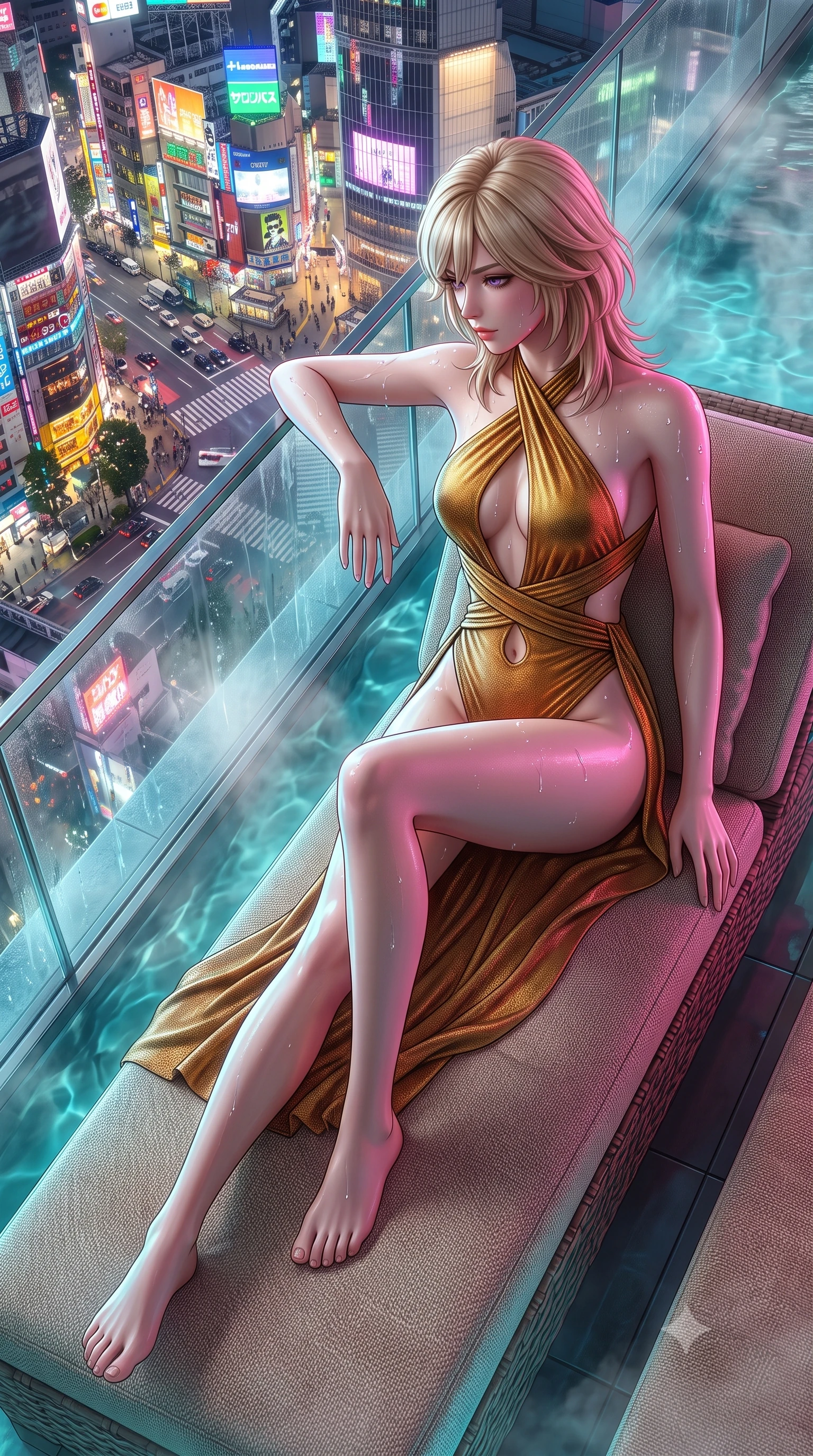 score_9, masterpiece, best quality, ultra-detailed, high-budget anime keyframe, semi-realistic 3D game render, editorial fashion photography, tasteful artistic composition, Japanese woman. low angle full-body shot from head to toe showing her feet, filling the entire 9:16 vertical frame with her statuesque presence, stretching her vertical silhouette. reclining gracefully across the plush chaise lounge with one leg extended, her sculpted silhouette and flat midriff radiating magnetic nocturnal glamour while leaning against the outward-canted glass with hips cocked back, looking down through steaming thermal water at the bustling neon streets. The surrounding environment is rendered in vivid detail and crisp panoramic clarity: detailed strapless boned corset swimsuit weave, silver neck collar shine, and cutting-edge cantilever engineering in razor-sharp precision. She has an absolutely perfect, statuesque 8.5-heads proportion, an exceptionally tall and slender model-like female figure with impossibly long slender legs, an ultra-slim waist, a flat toned midriff, narrow delicate ribcage, and beautifully sculpted feminine hips creating a graceful, slim hourglass silhouette without any bulky heaviness. sharp v-shaped jawline, high-bridge nose, sparkling eyes with hypnotic seductive depth, thick curled eyelashes, glossy parted lips with a natural dewy peach sheen, alluring bedroom-eyes with an enchanting coquettish smile, exuding magnetic siren charisma and sophisticated glamour, flawlessly proportioned anatomical accuracy, strict slender model proportions, natural body alignment, perfectly sculpted long slender limbs, ultra-slim waistline, clean dynamic posture without body distortion. wearing a criss-cross halterneck keyhole bodysuit with open back and sculpted waist darts in warm amber honey and antique gold leaf, woven from stretch metallic lurex jersey casting radiant starlight glints across her silhouette, finished with glistening drops of hot spring water beading across her sculpted shoulders and collarbones, the high-slit wrap tailoring accentuating her ultra-slim waistline and the enchanting curve of her feminine hips with alluring seductive charm. illuminated by thermal water reflection bounce and sharp electric-pink rim lights sculpting her jawline, flat midriff, and curvy hips. highly saturated vibrant anime colors, detailed shading with soft gradients, rich glossy textures, high-contrast stereoscopic depth, volumetric dynamic lighting, master piece, 9:16 ratio
