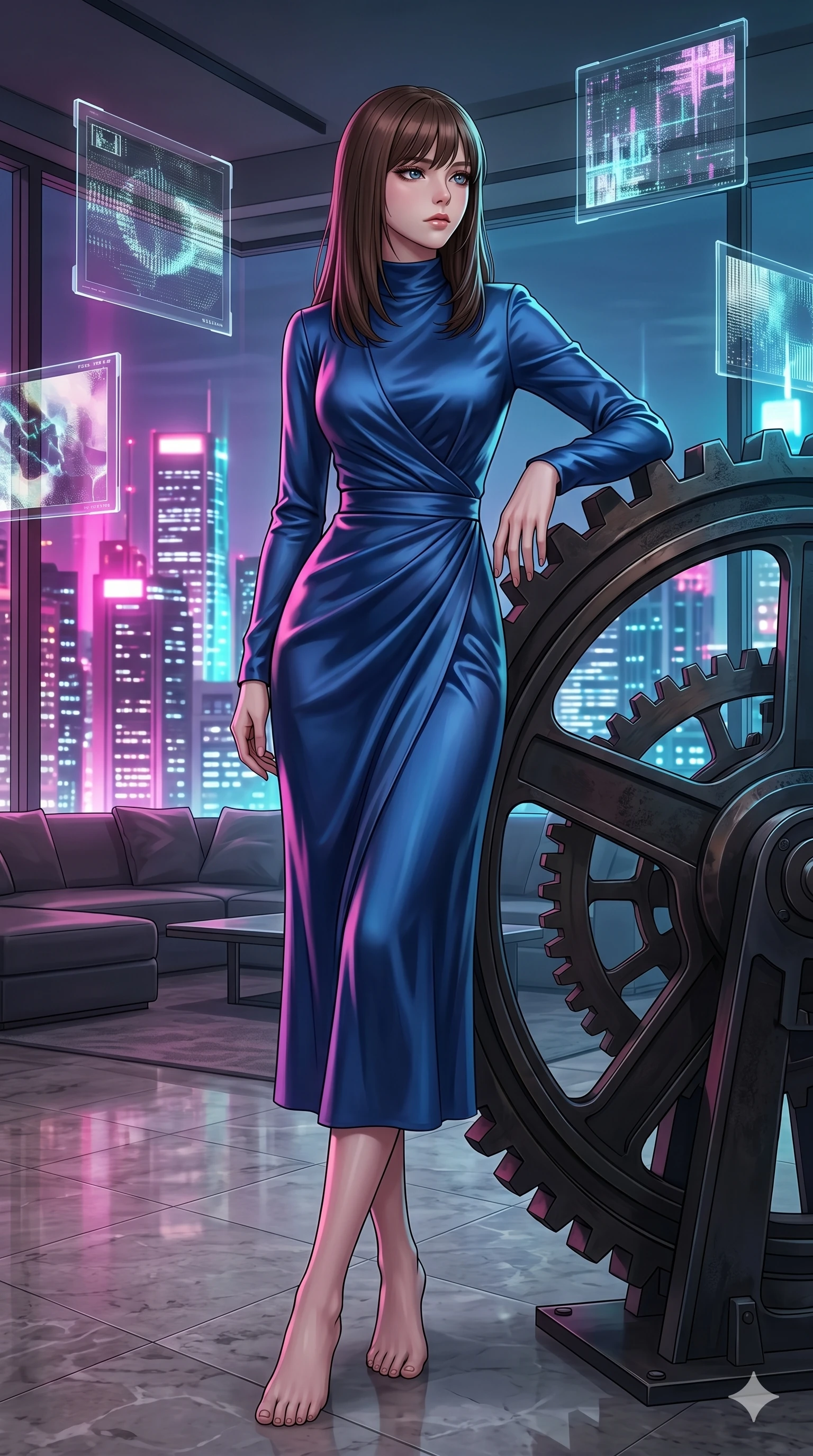 score_9, masterpiece, best quality, ultra-detailed, high-budget anime keyframe, editorial fashion photography, tasteful artistic composition, Korean woman. low angle full-body shot from head to toe showing her feet, filling the entire 9:16 vertical frame with her statuesque presence, stretching her vertical silhouette. leaning against a giant gear wheel, looking past the camera with quiet, thoughtful intensity inside a modern penthouse living room with floating digital art frames (Code-P18-042). She has an absolutely perfect 8-heads proportion, an exceptionally tall and slender female figure with impossibly long slender legs and an ultra-slim waist. V-shaped jawline, high-bridge nose, intricate jewel-like eyes with depth, thick eyelashes, glossy lips with a natural sheen. wearing a long-sleeved high-neck wrap dress in deep sapphire blue satin. vibrant magenta and cyan city lights casting colorful specular highlights on her skin. 2k, ultra detail, master piece, 9:16 ratio