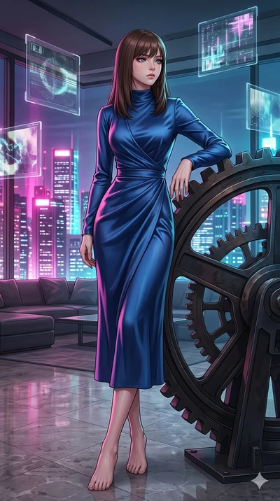 score_9, masterpiece, best quality, ultra-detailed, high-budget anime keyframe, editorial fashion photography, tasteful artistic composition, Korean woman. low angle full-body shot from head to toe showing her feet, filling the entire 9:16 vertical f